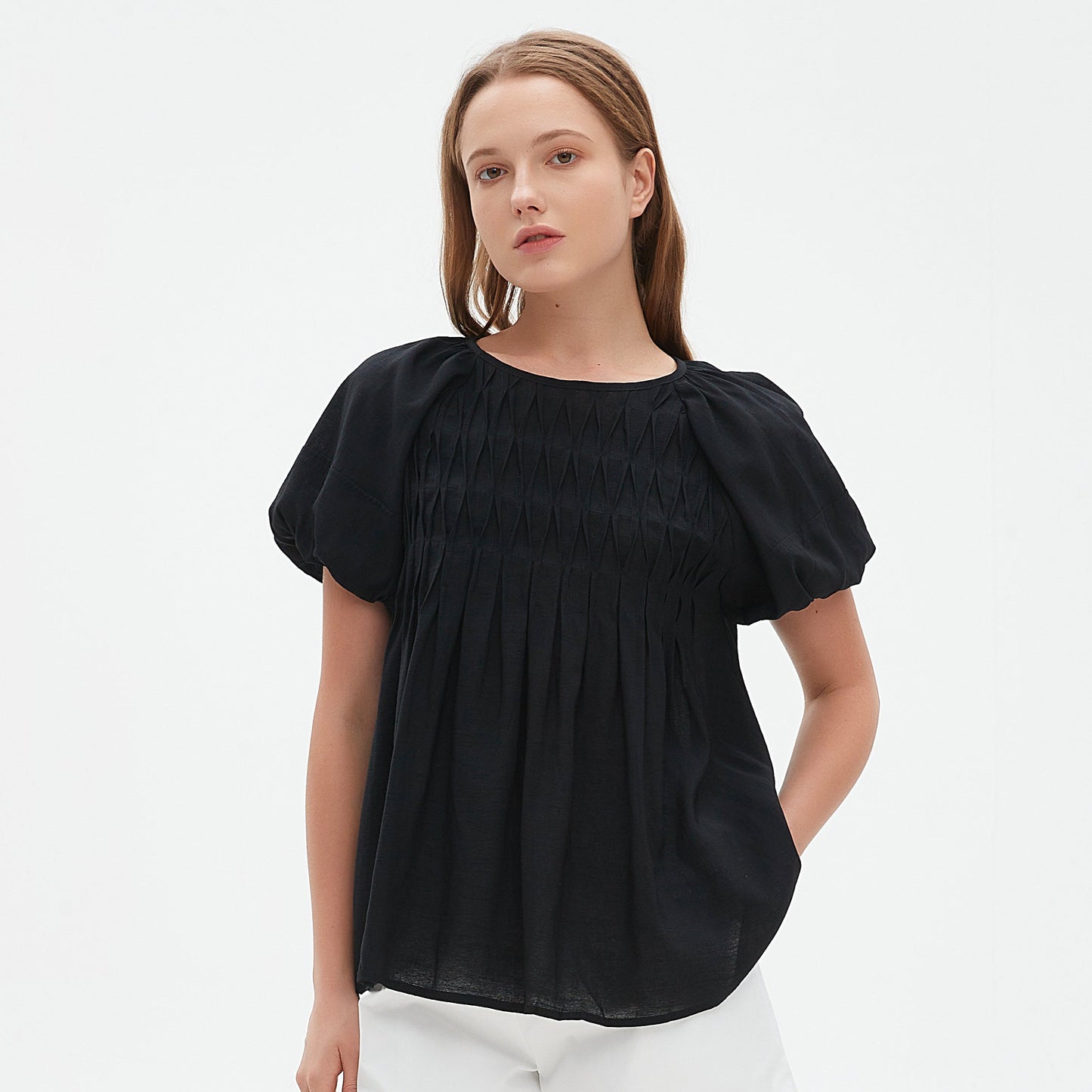 Tyla round neck gathered blouse with elastic sleeve