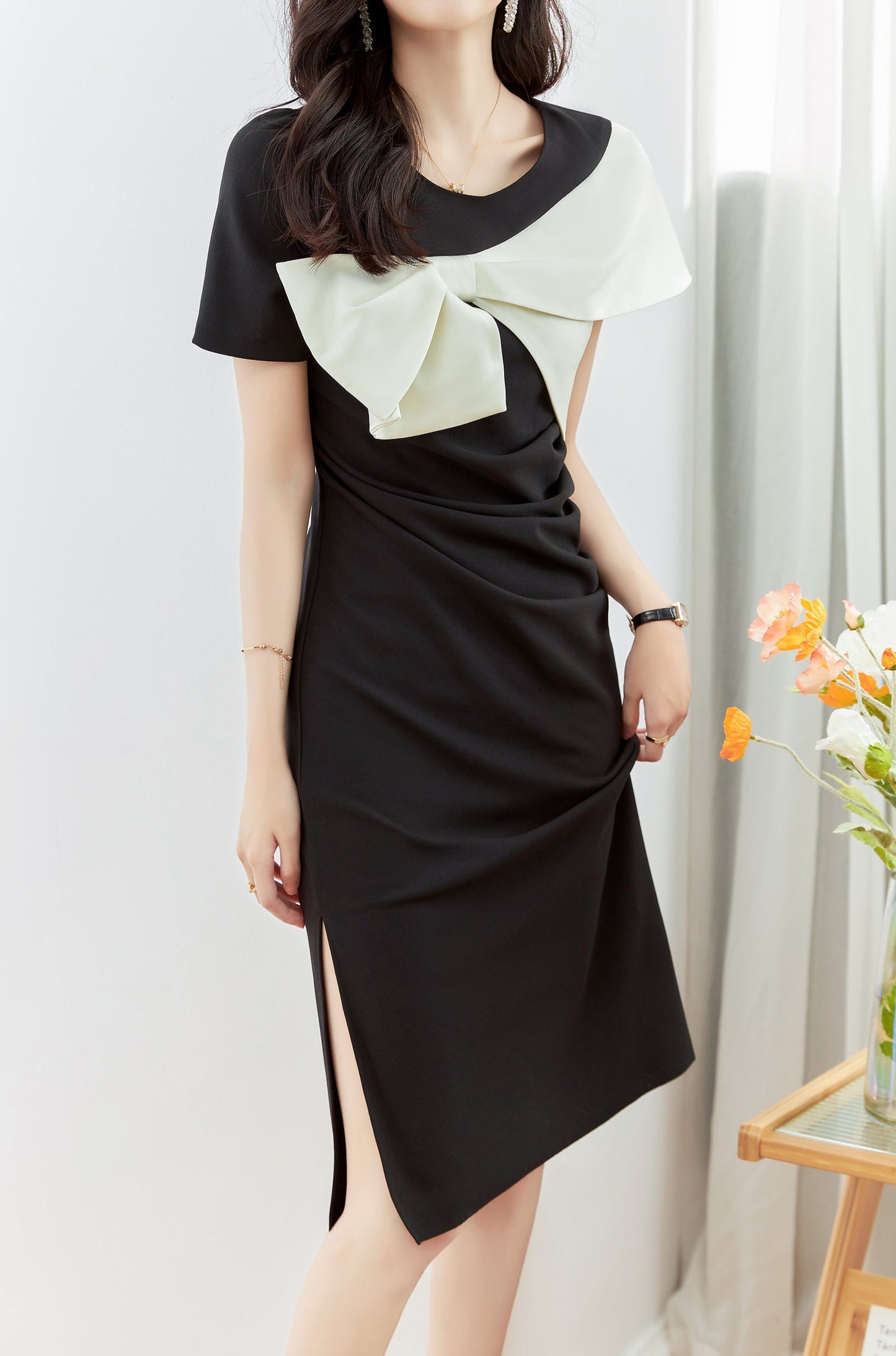 Bronya sleeve wrap front knot linen dress with side gathered waist