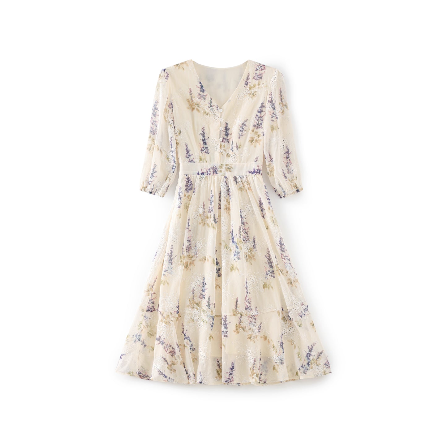 Darcey printed chiffon dress with floral embroidery