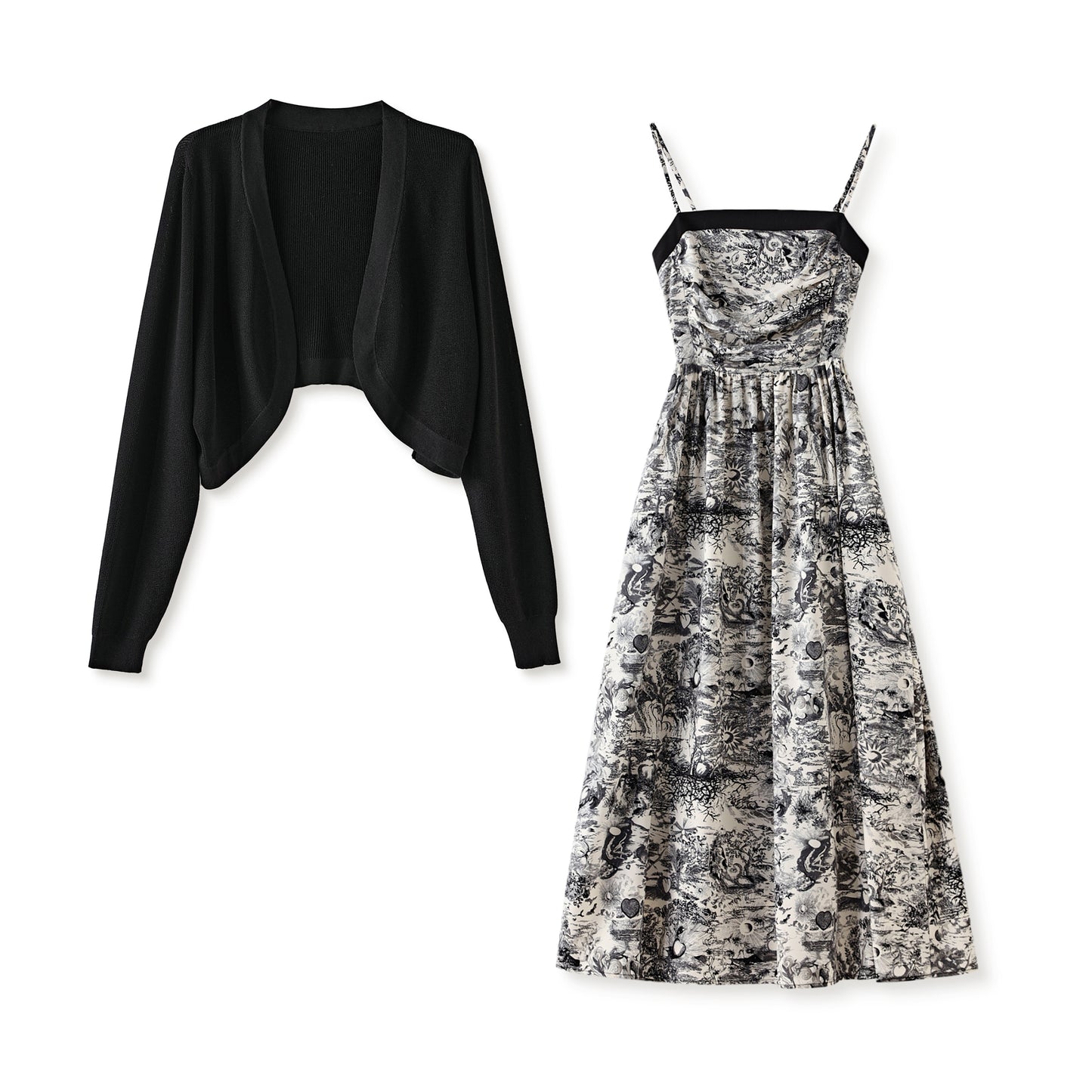 Nadeline 2 piece set chiffon spaghetti strap printed dress with knitted cropped cardigan