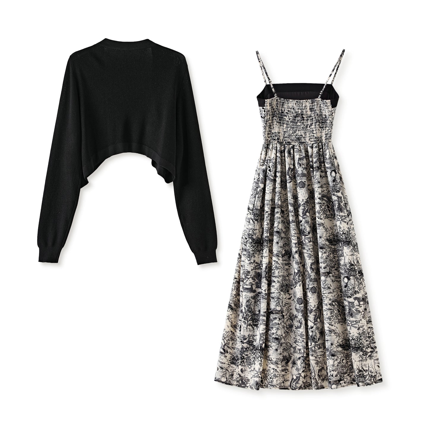 Nadeline 2 piece set chiffon spaghetti strap printed dress with knitted cropped cardigan