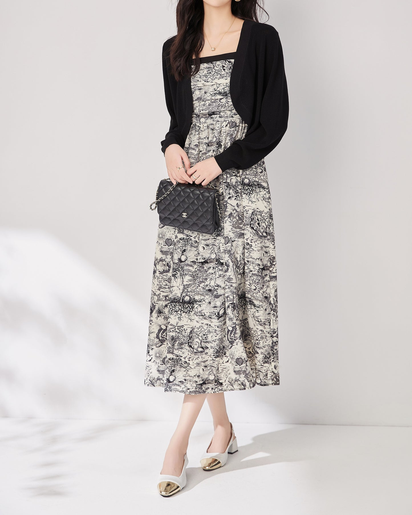 Nadeline 2 piece set chiffon spaghetti strap printed dress with knitted cropped cardigan