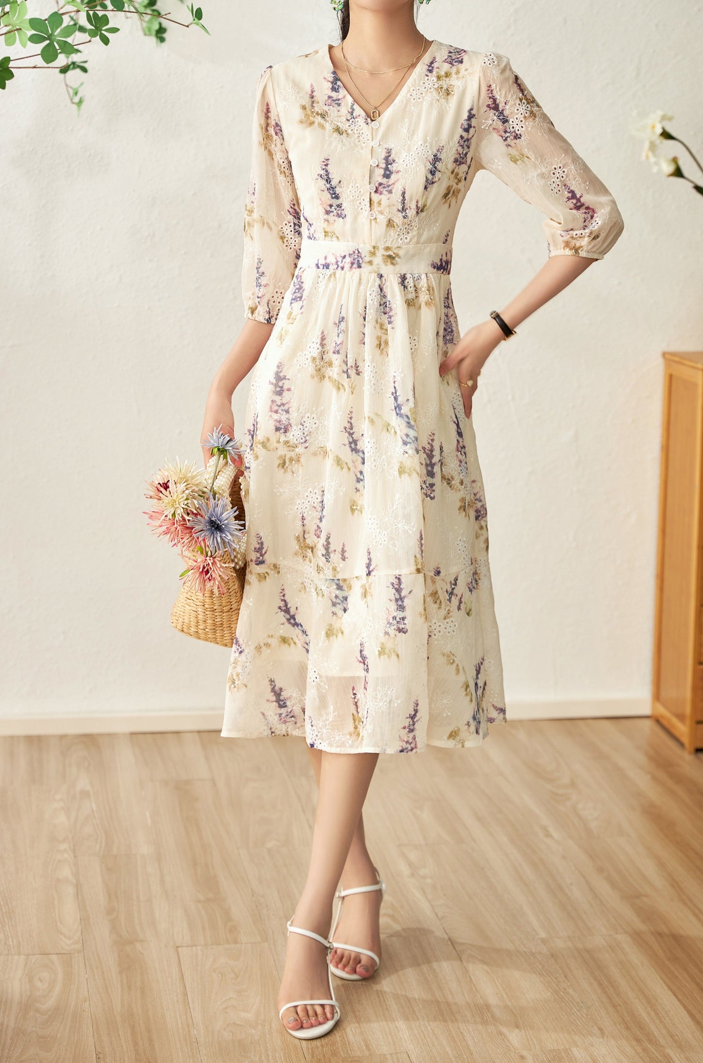 Darcey printed chiffon dress with floral embroidery