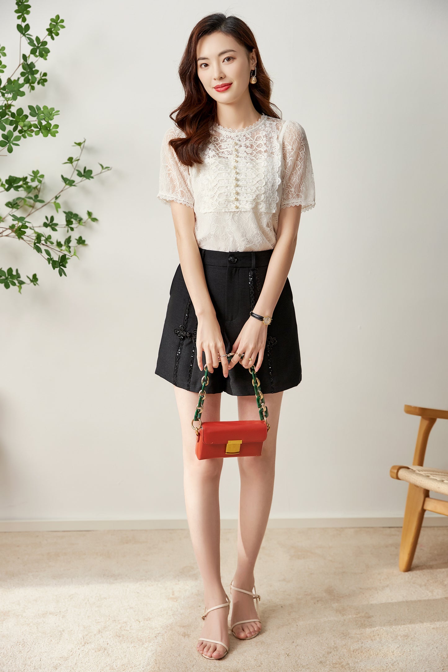 Malin lace shorts with mandarin collar detail