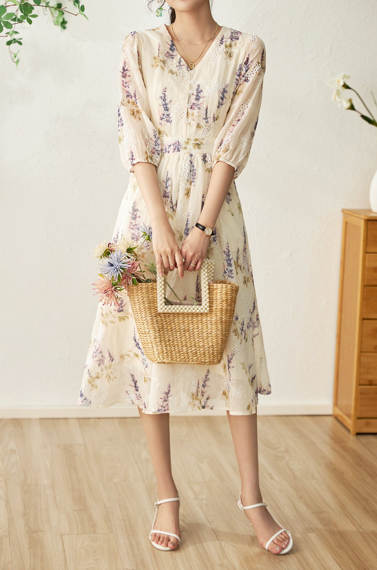 Darcey printed chiffon dress with floral embroidery