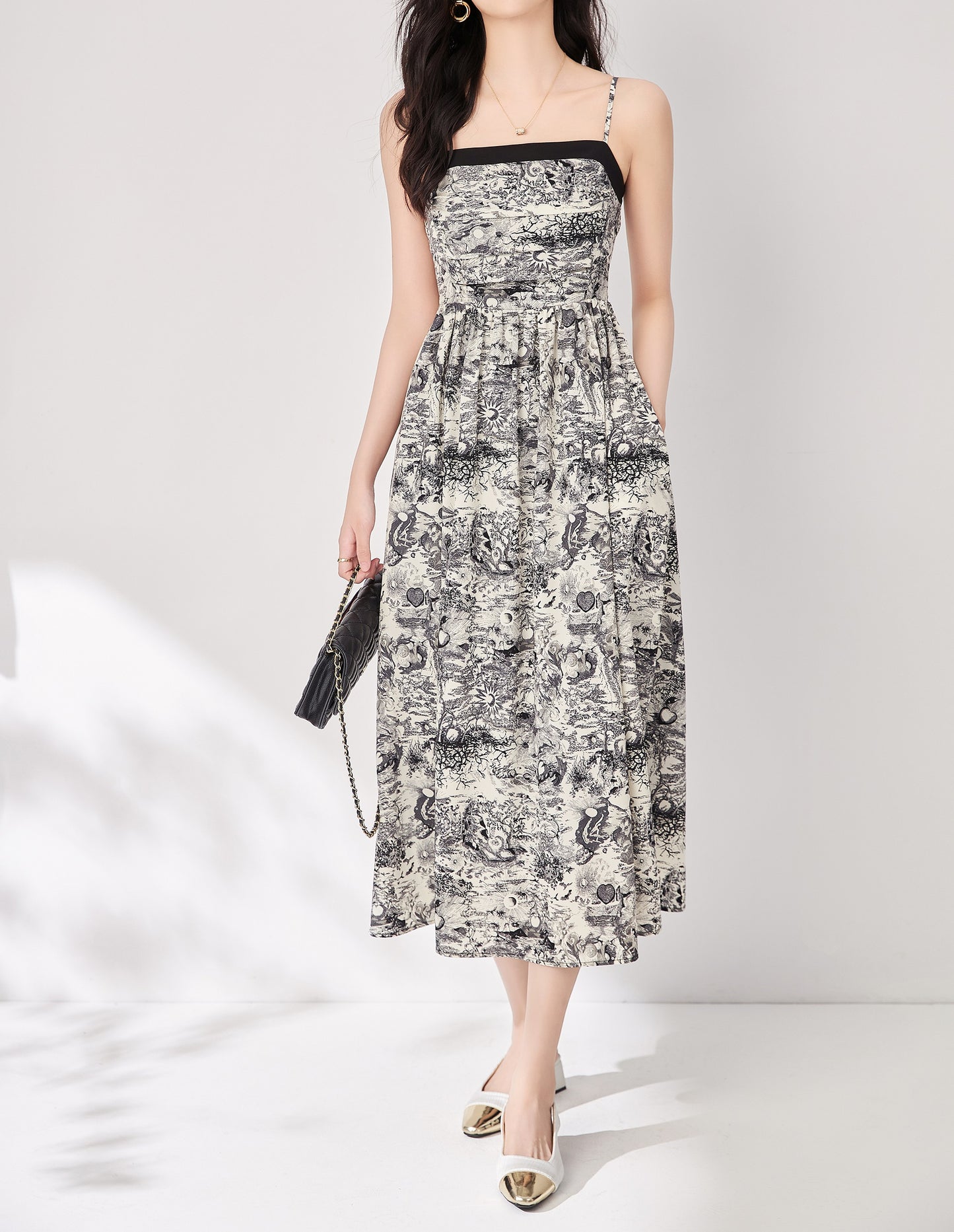 Nadeline 2 piece set chiffon spaghetti strap printed dress with knitted cropped cardigan