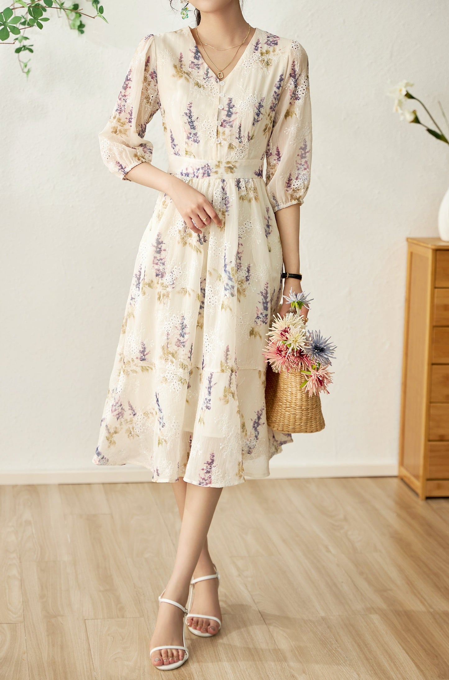 Darcey printed chiffon dress with floral embroidery
