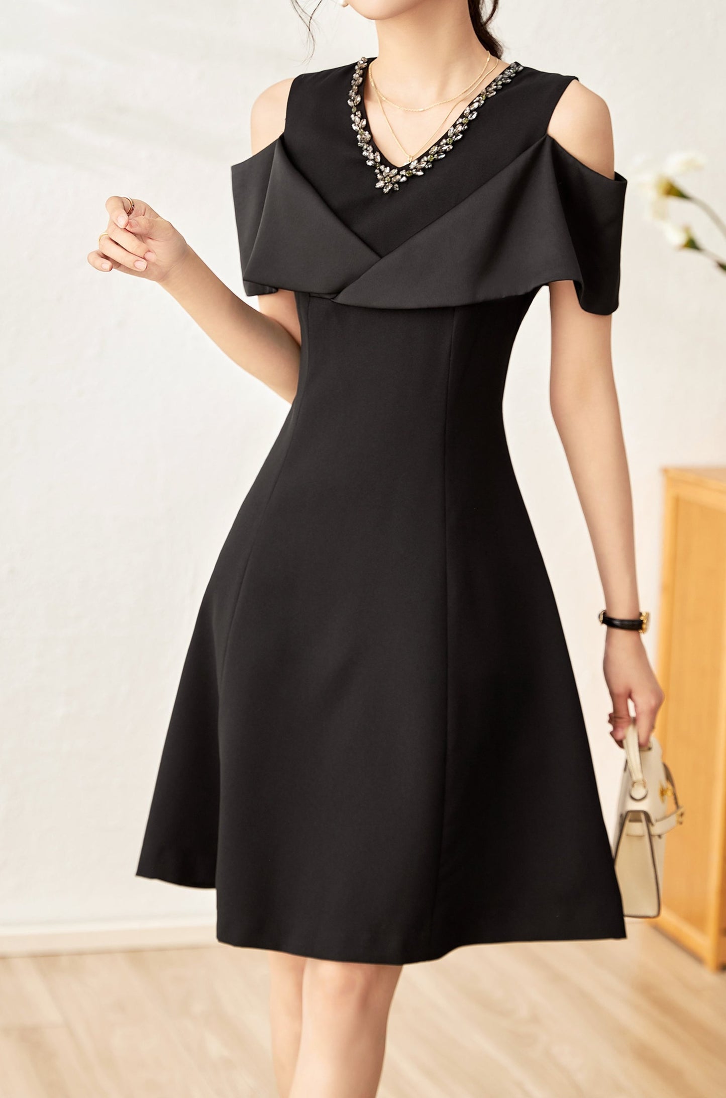 Faustine crystal collar hemp knee dress with cut out shoulder