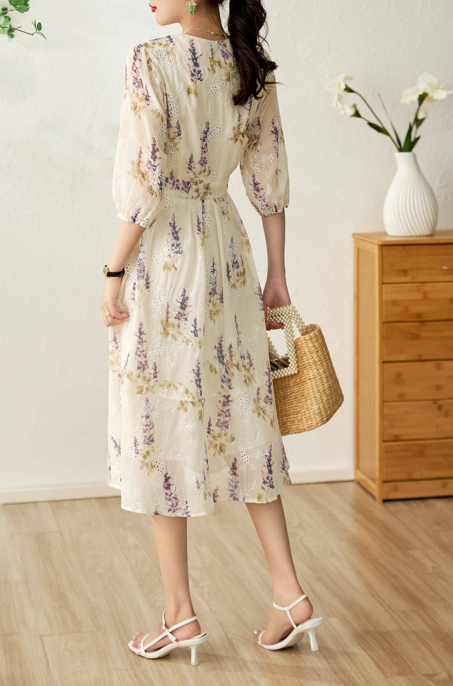 Darcey printed chiffon dress with floral embroidery
