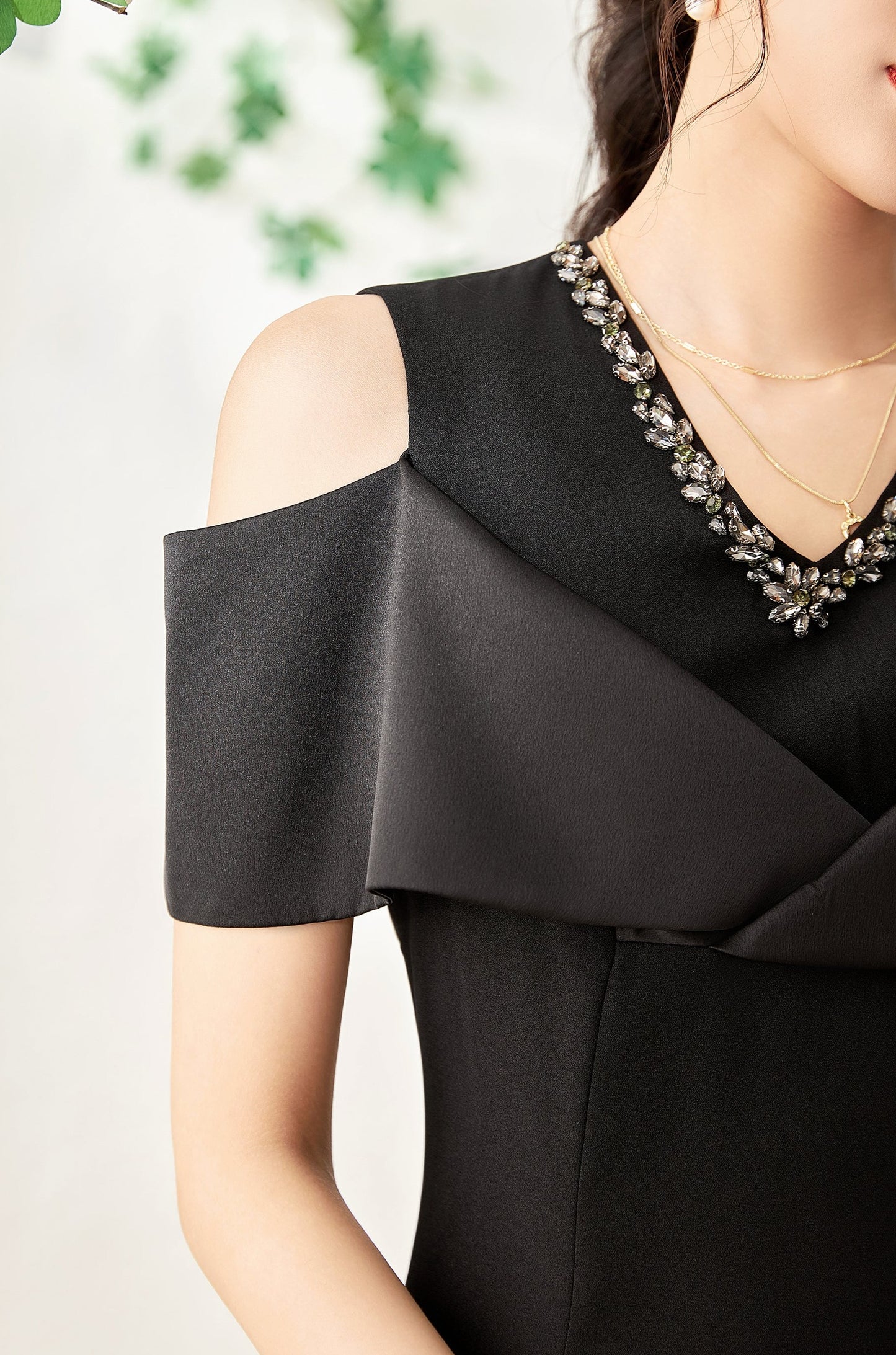 Faustine crystal collar hemp knee dress with cut out shoulder