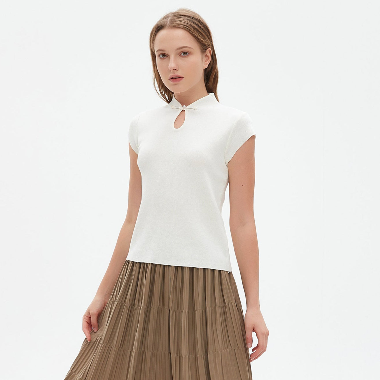 Bora mandarin collar knit blouse with key hole