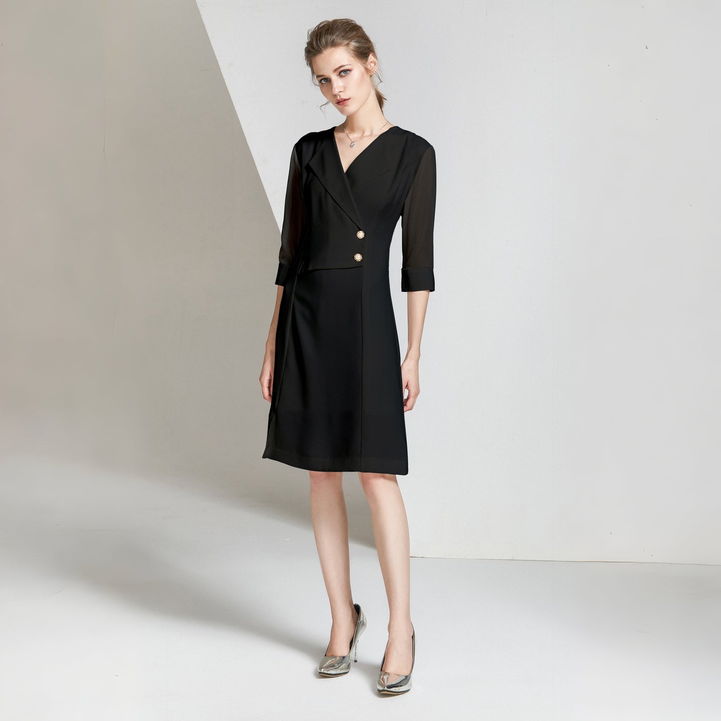 Irina double breasted dress with mesh puff sleeve