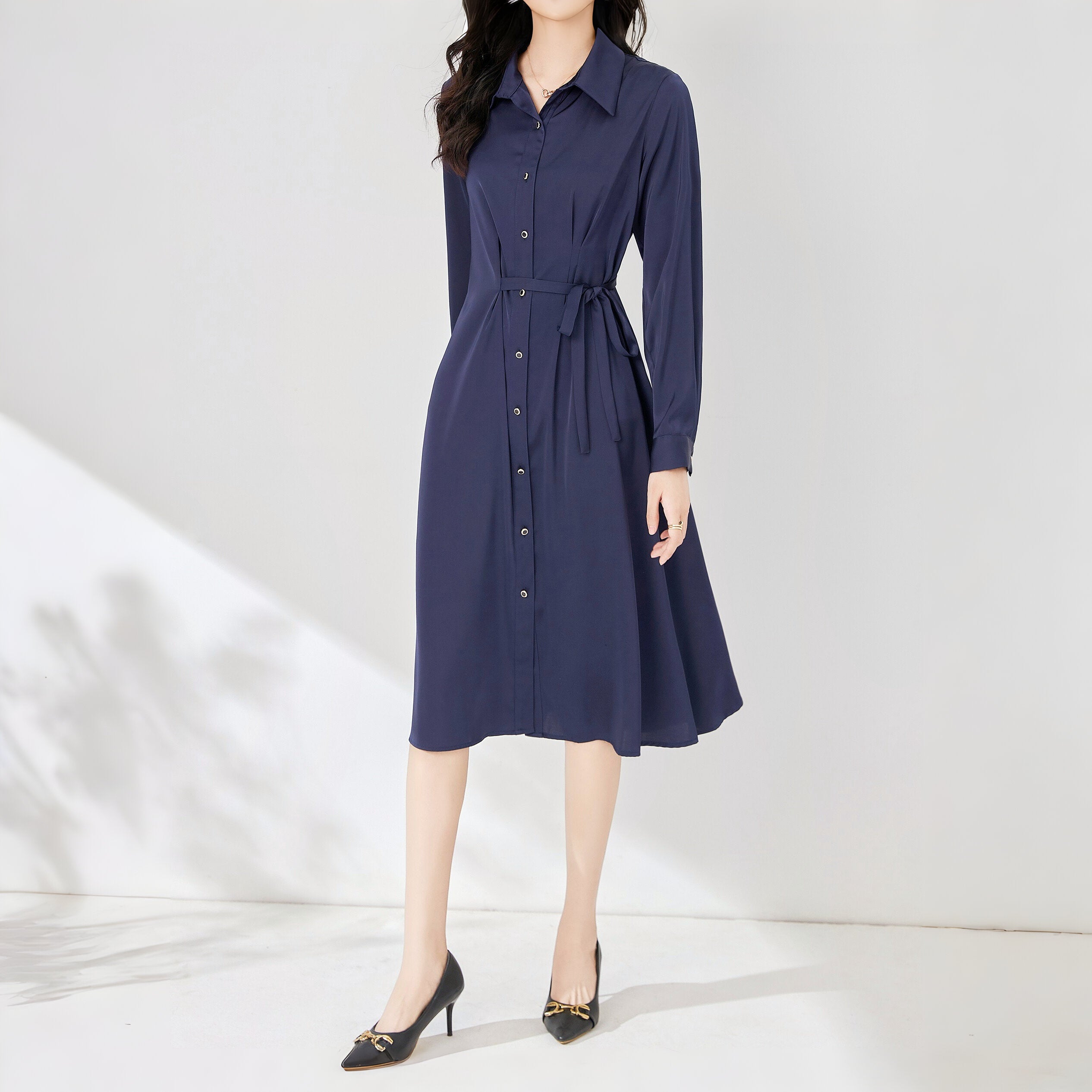Mia Button Down Collar Shirt Dress With Elastic Waist Thread Forest contrast-collar-stripe-button-down-dress-retro-indie-and-unique-fashion