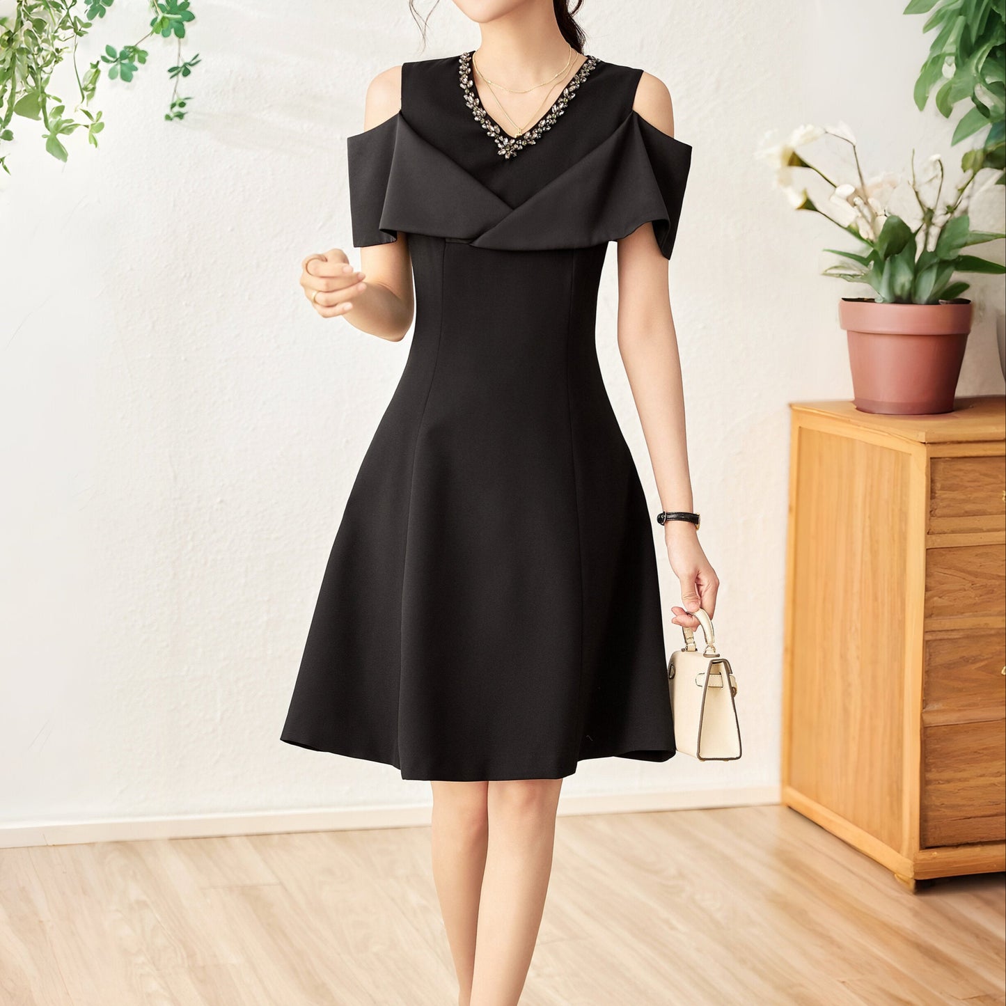 Faustine crystal collar hemp knee dress with cut out shoulder
