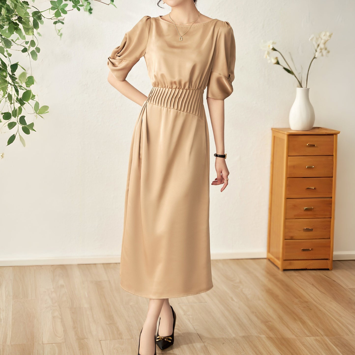 Ava wrapped sleeve dress with gathered elastic waist