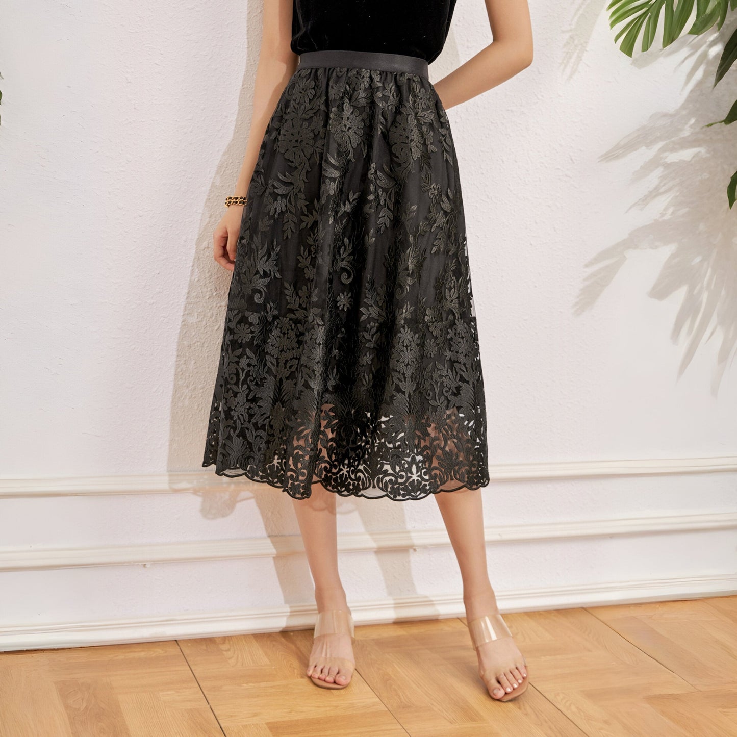 Yara A line lace embroidery skirt with elastic waist