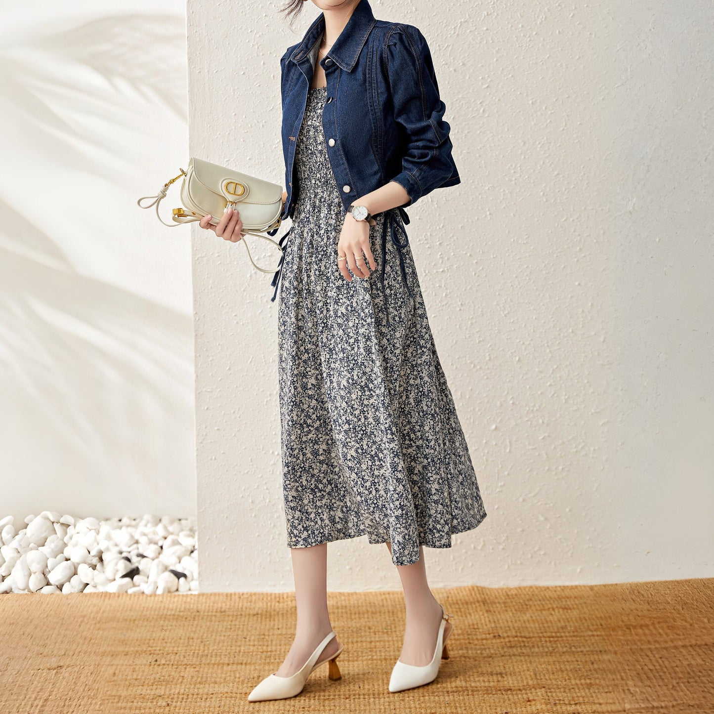 Peyton 2 piece set denim jacket with chiffon spaghetti strap gathered printed dress