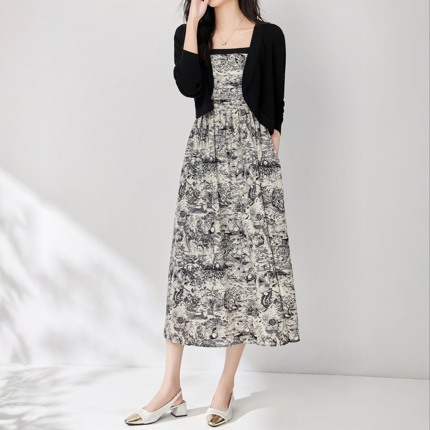 Nadeline 2 piece set chiffon spaghetti strap printed dress with knitted cropped cardigan