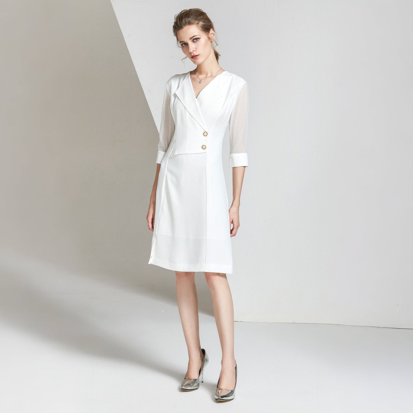 Irina double breasted dress with mesh puff sleeve
