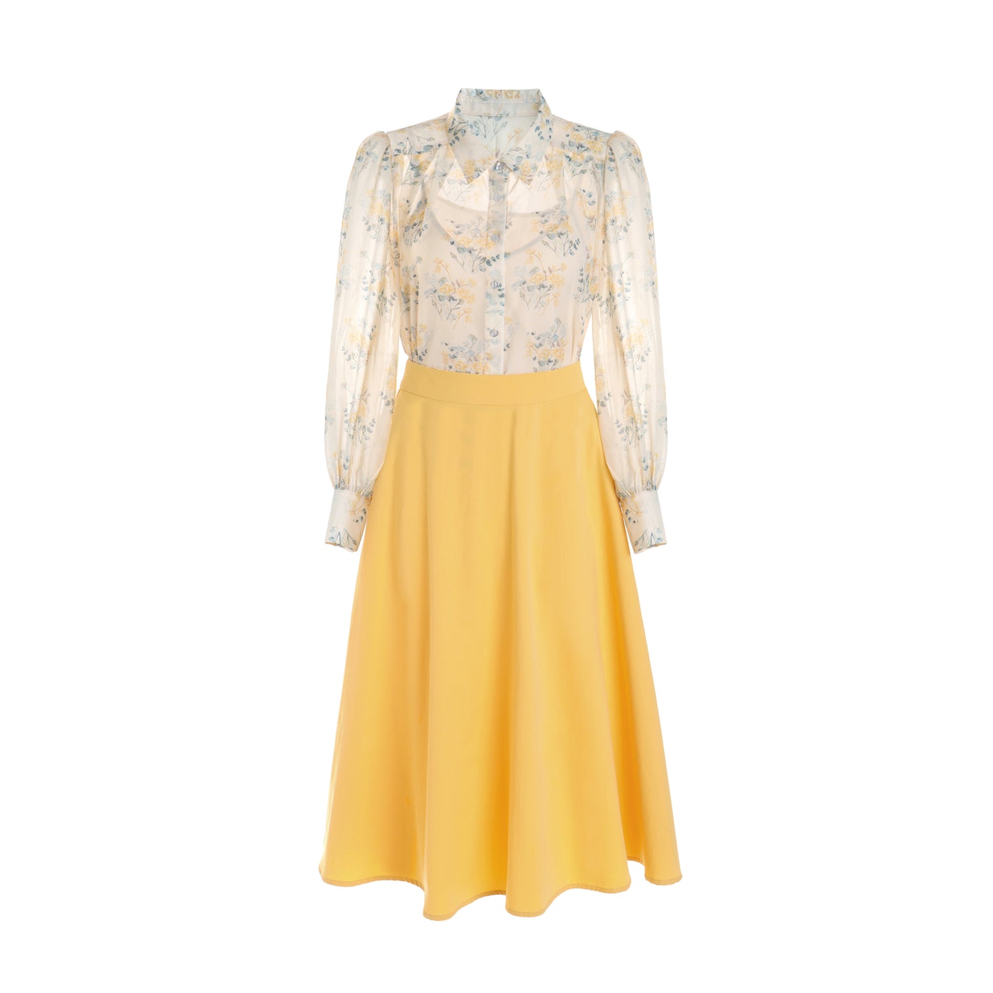 Chantel 3 piece set puff sleeve floral shirt with inner blouse and circular skirt