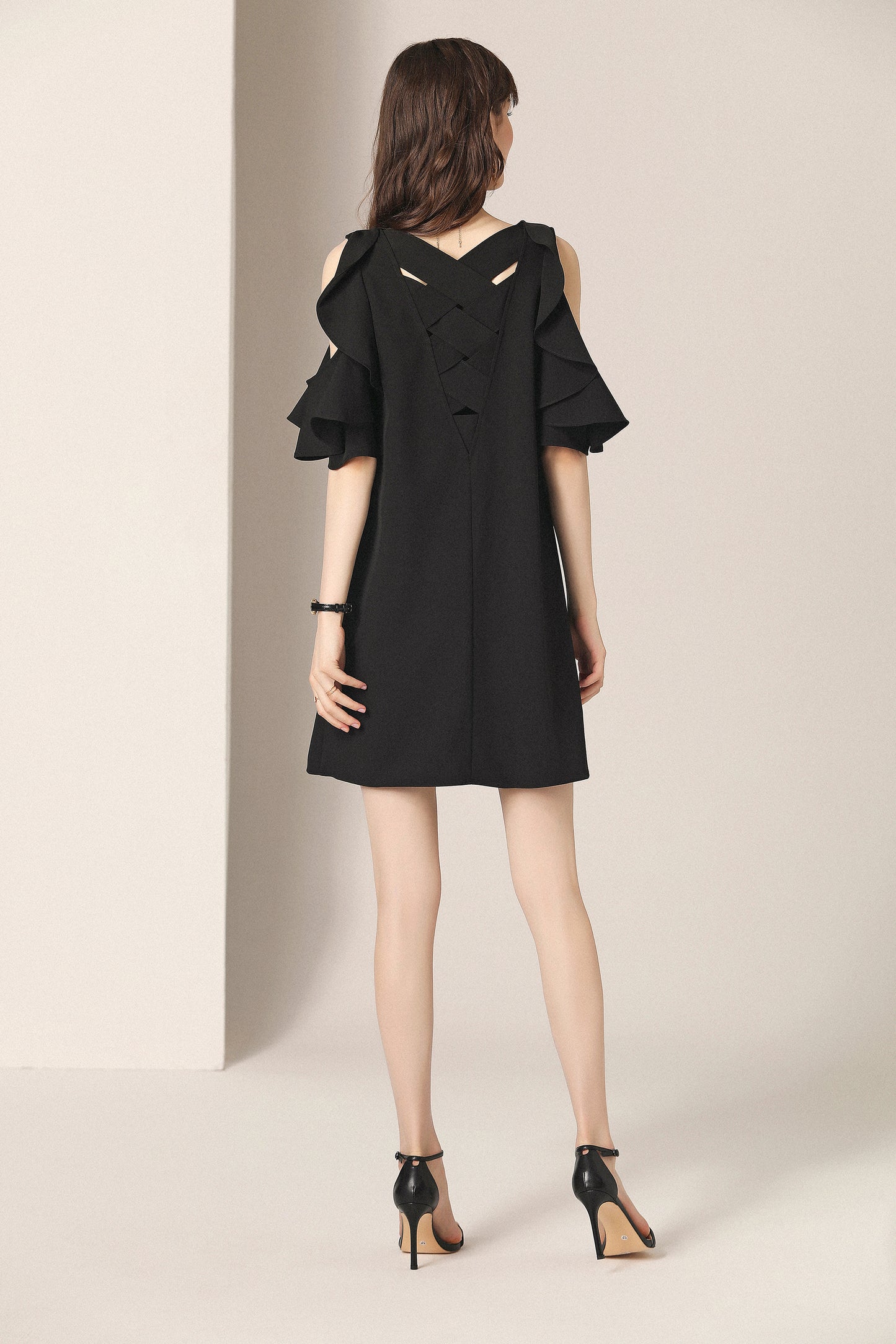 Fae ruffle cutout shoulder with cross back mini dress