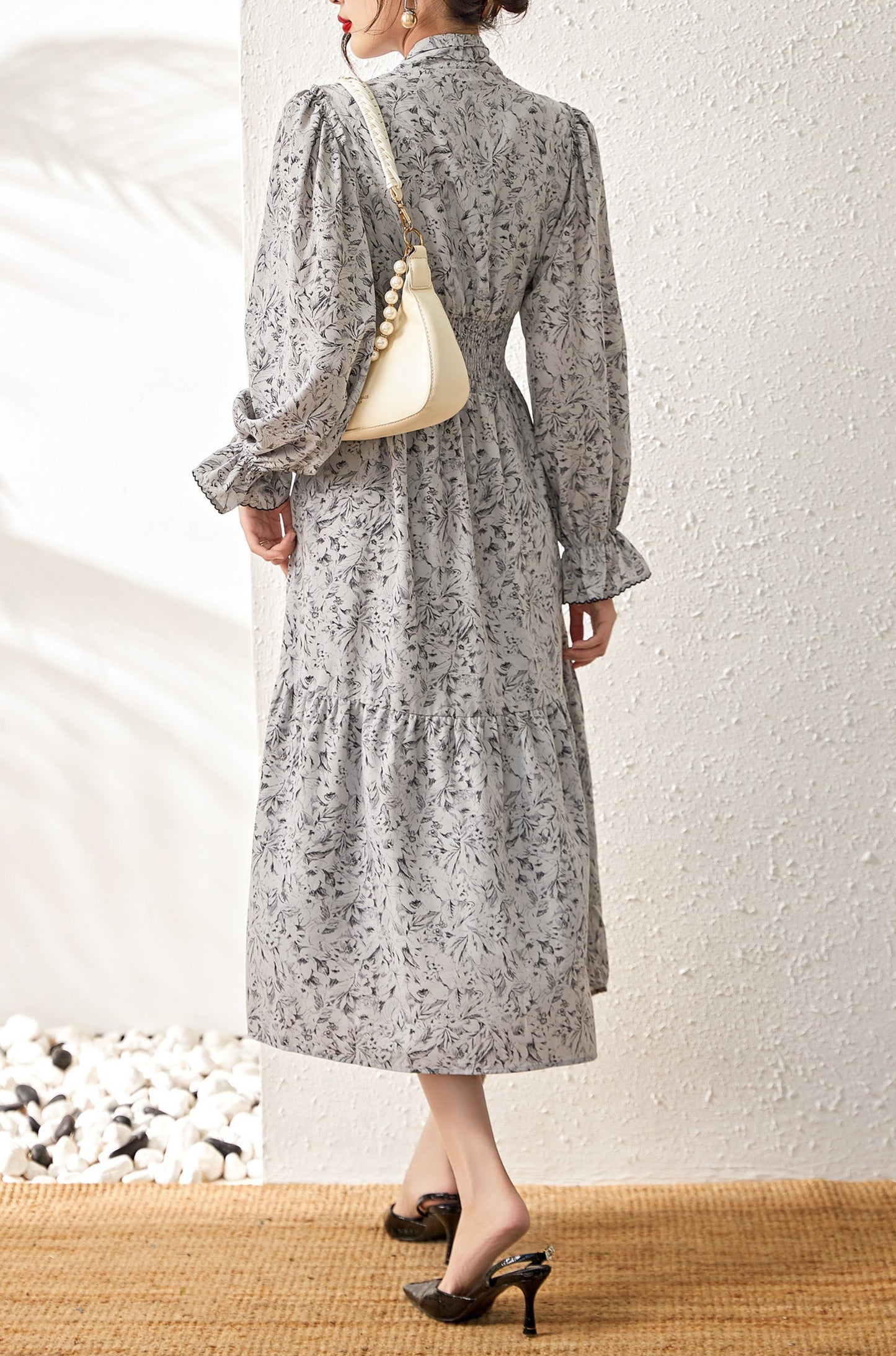 Jules floral hemp dress with elastic gathered waist and exquisite shank buttons
