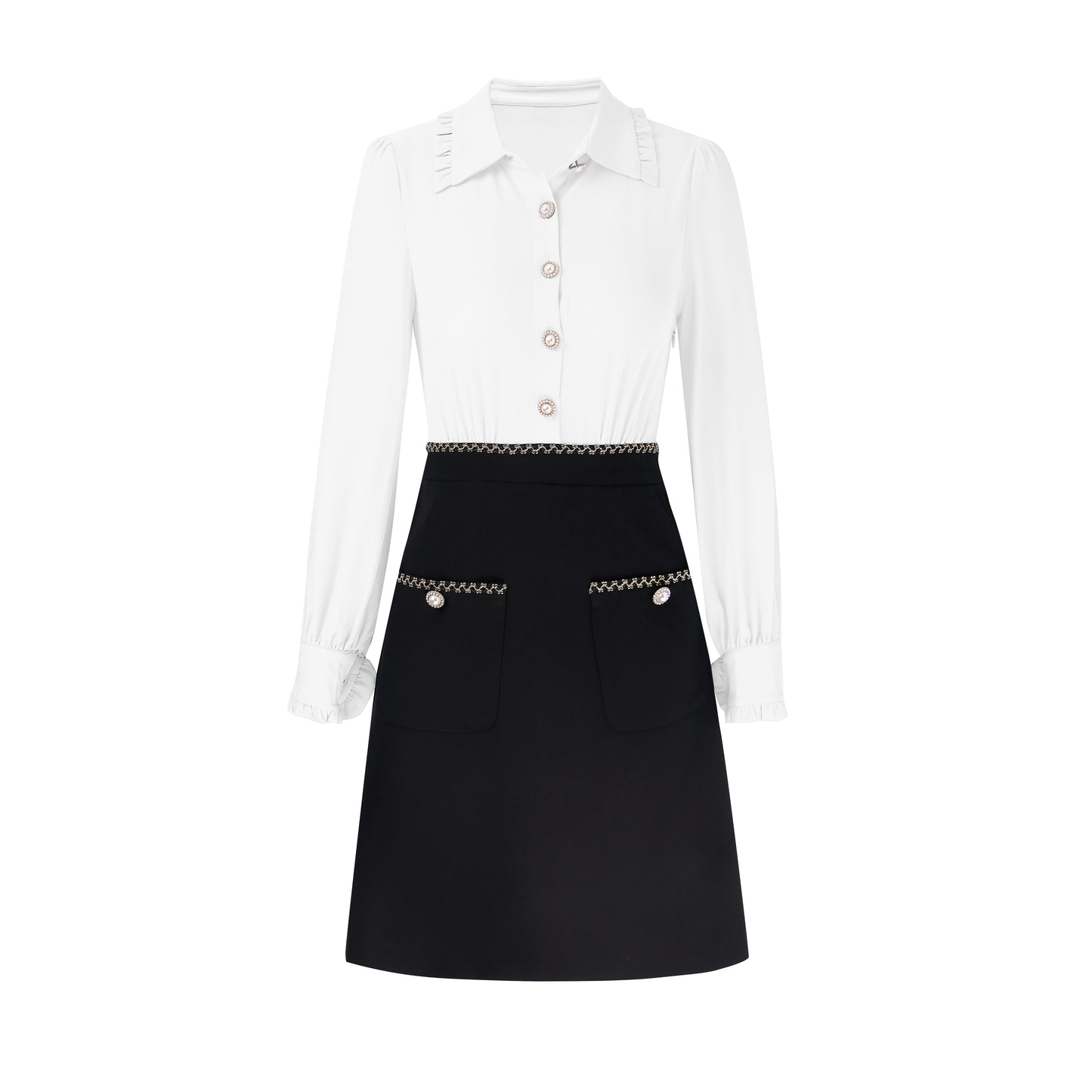 Bodil pseudo 2 piece frill collar shirt with skirt