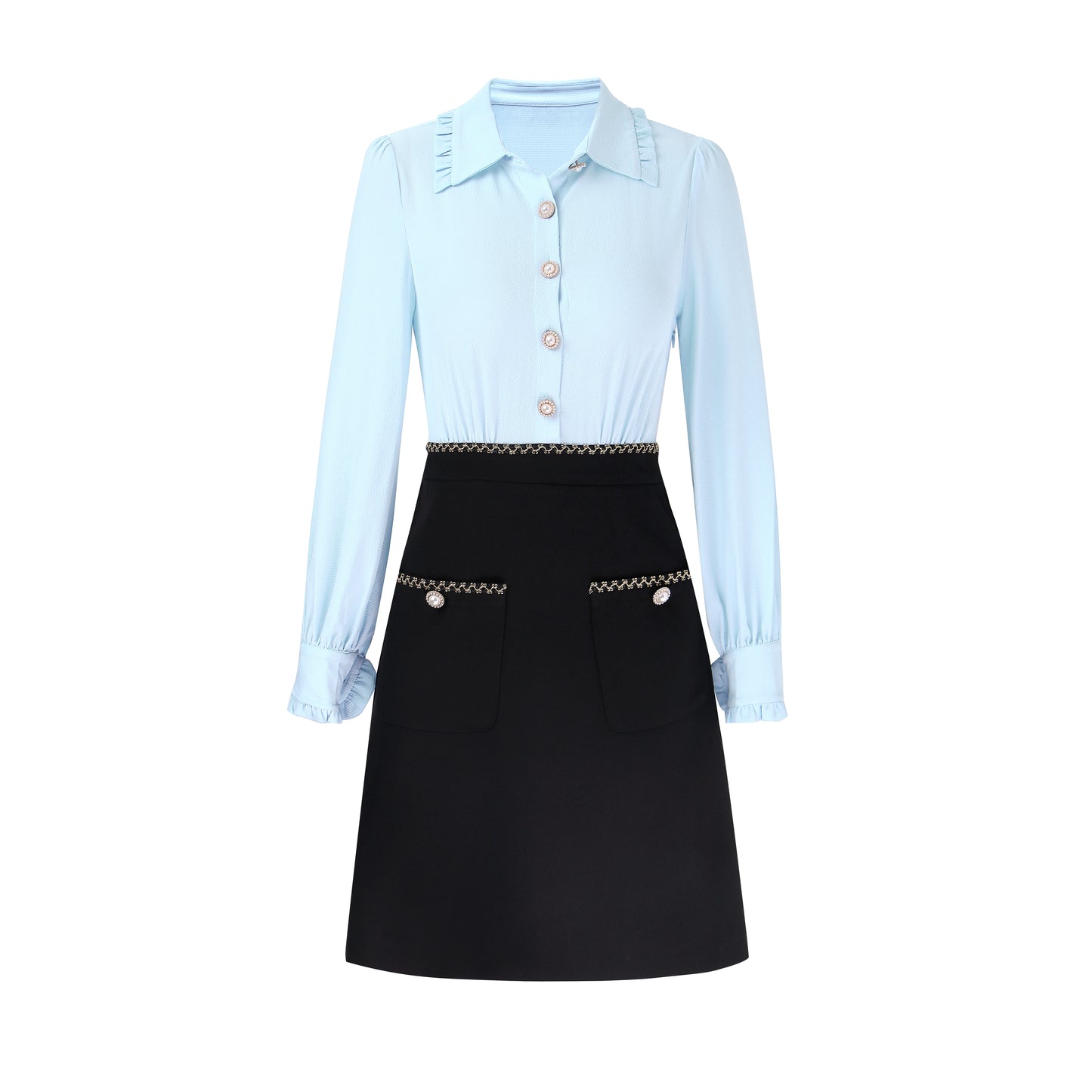 Bodil pseudo 2 piece frill collar shirt with skirt