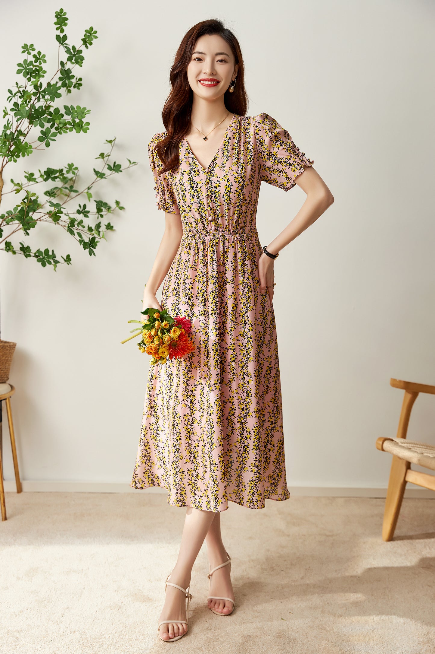 Collette pure silk printed floral dress with elastic waist