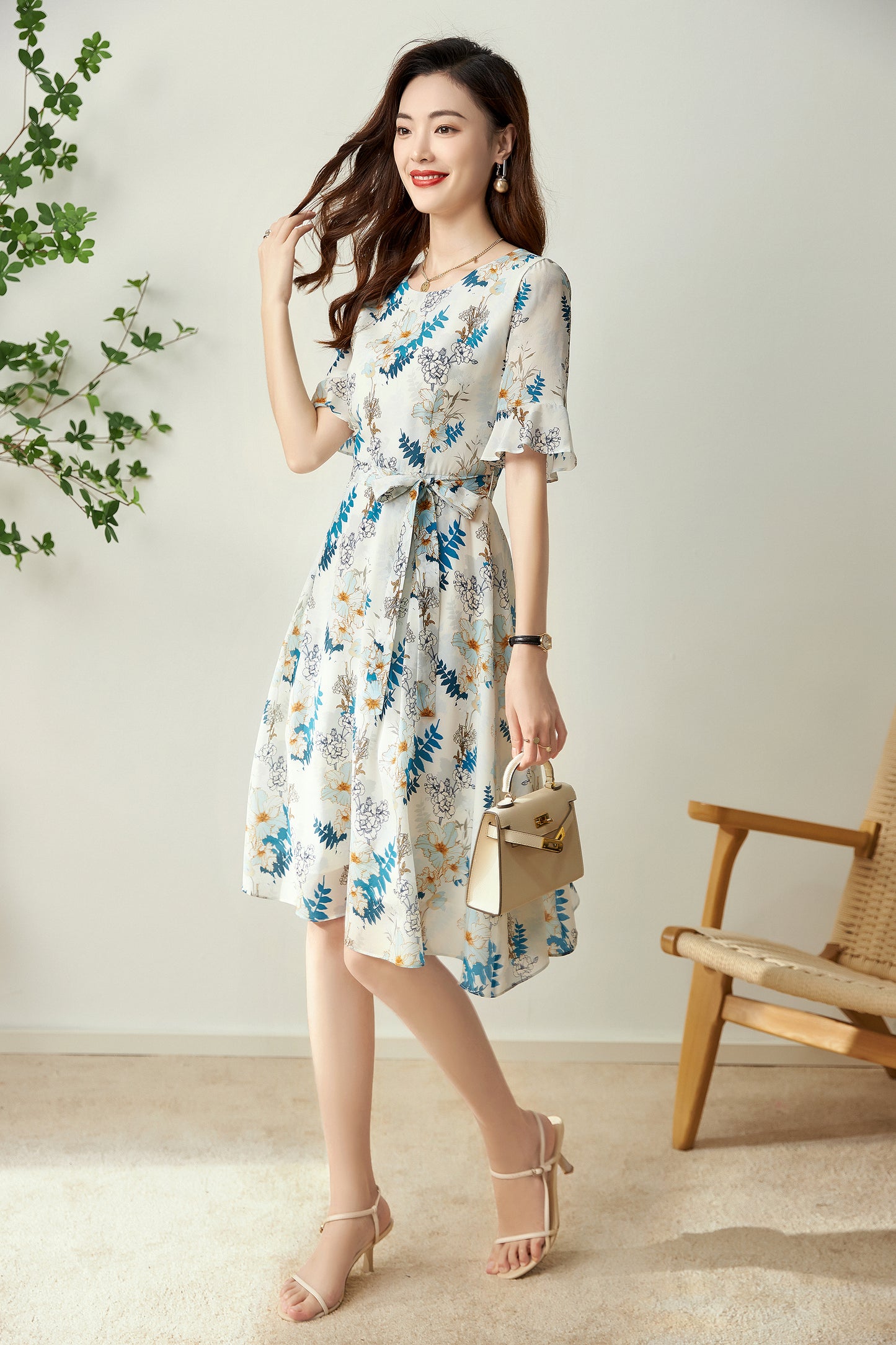 Torill pure silk floral dress with waist belt