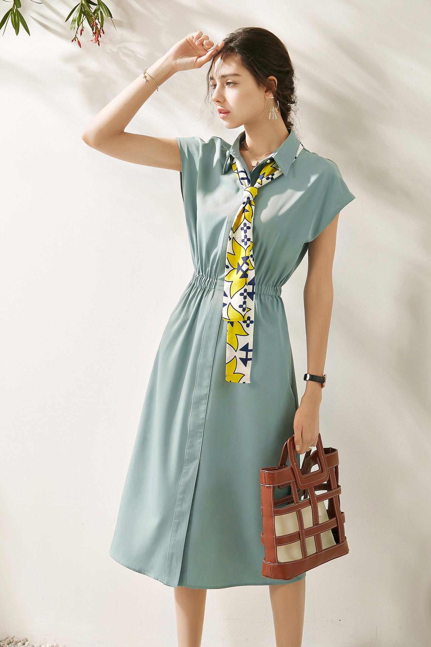 Galena collar midi dress with scarf tie and elastic waist