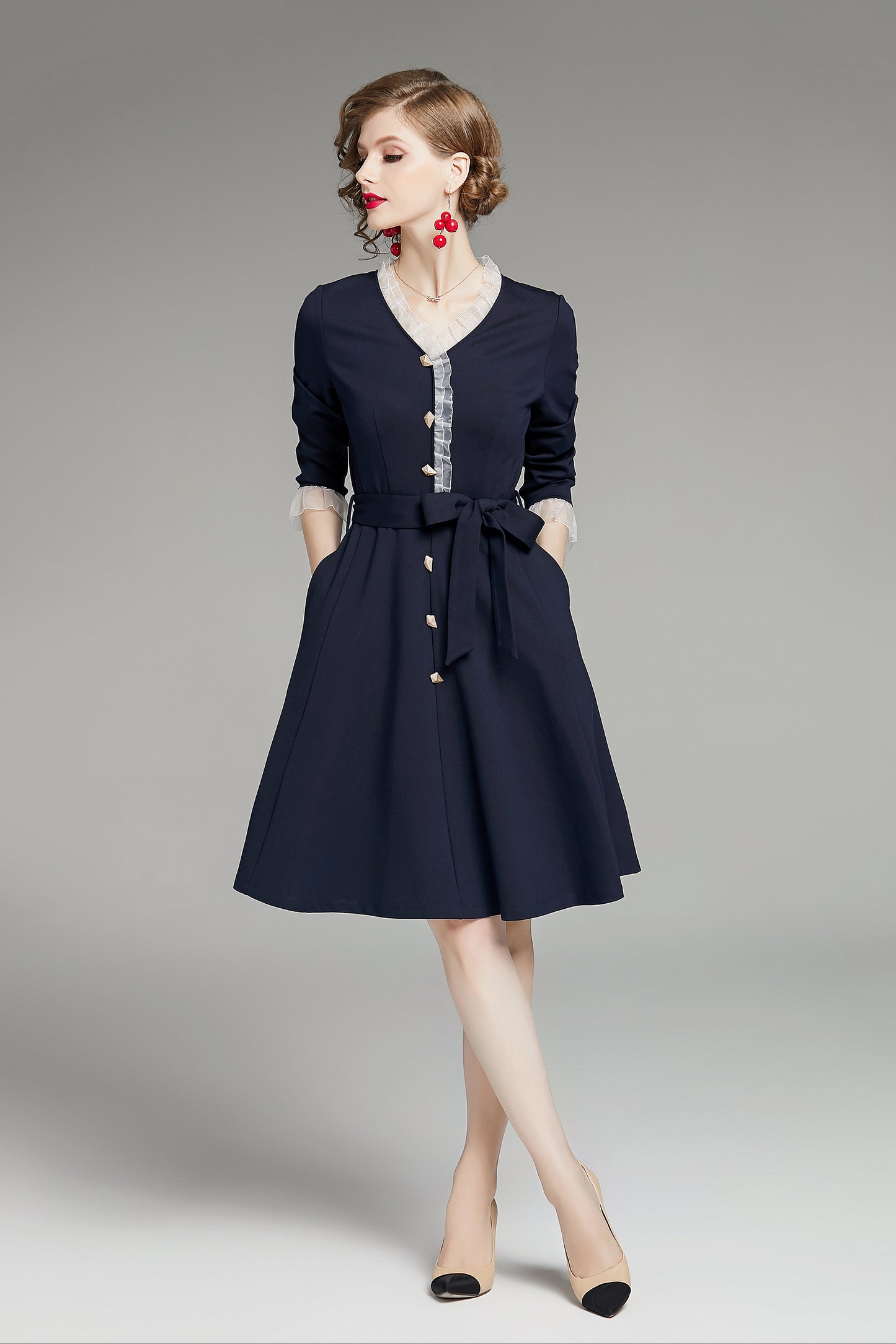 Victoria V neck sash tie midi dress