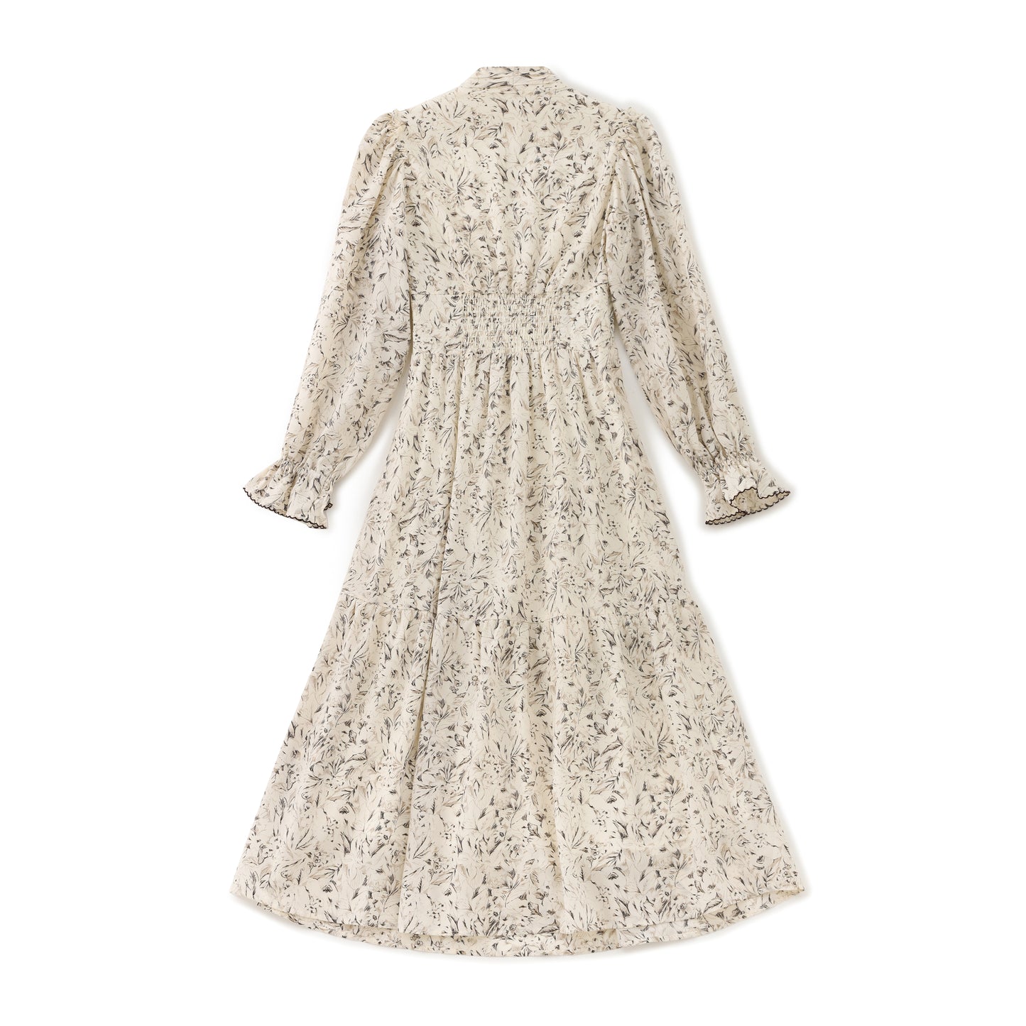 Jules floral hemp dress with elastic gathered waist and exquisite shank buttons