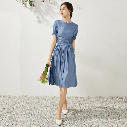 Fenna button down ruffle sleeve midi dress with gathered detail