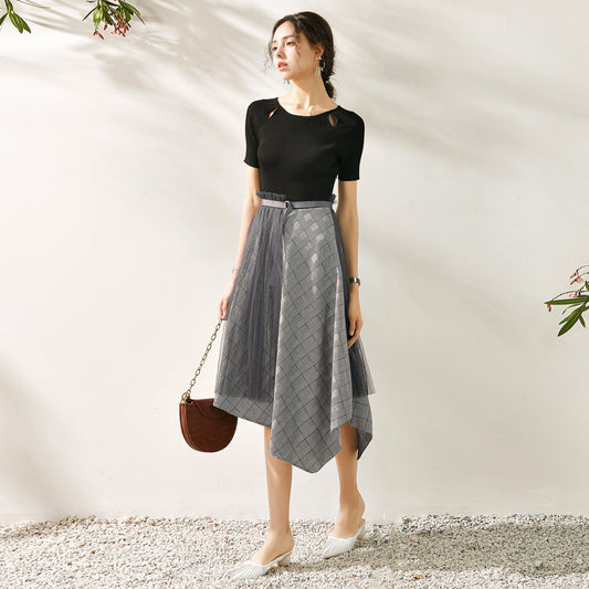 Gala pseudo 2 piece pleated asymmetrical dress with slitted top