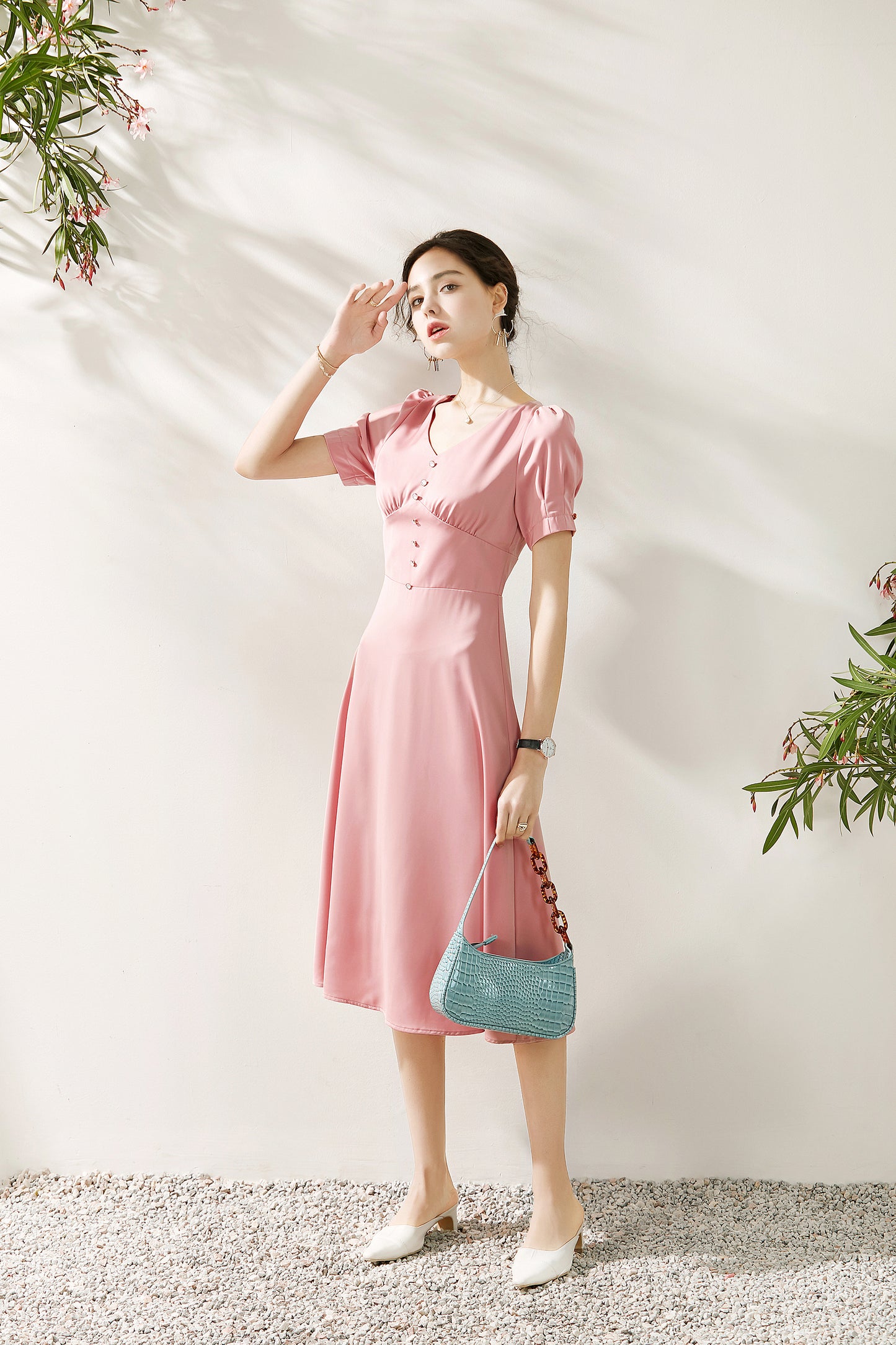 Juni short sleeve button front midi dress