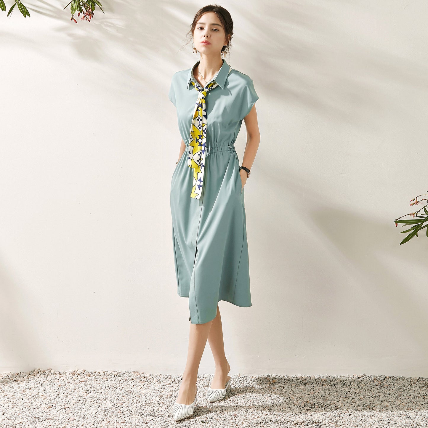 Galena collar midi dress with scarf tie and elastic waist