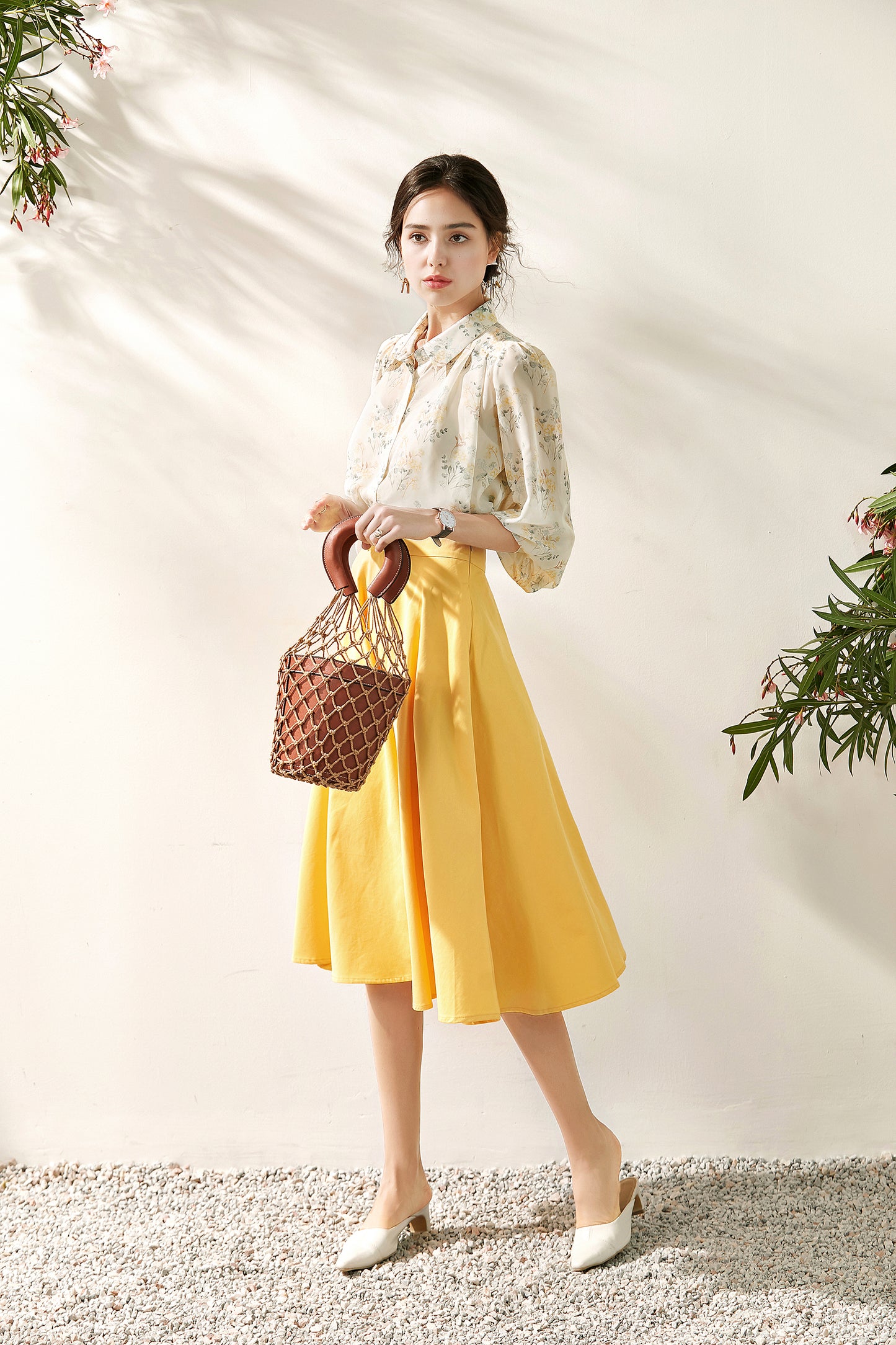 Chantel 3 piece set puff sleeve floral shirt with inner blouse and circular skirt