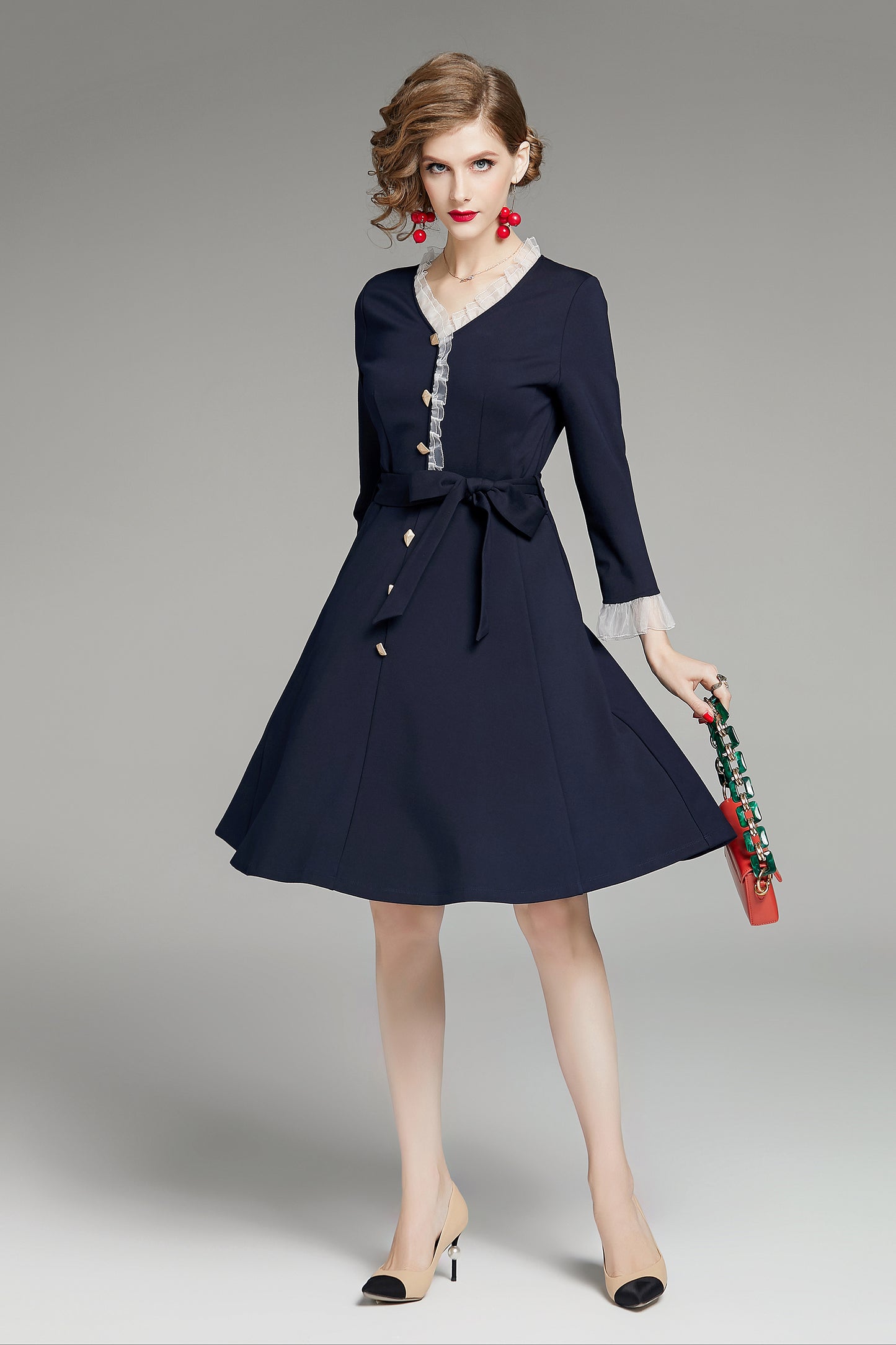 Victoria V neck sash tie midi dress