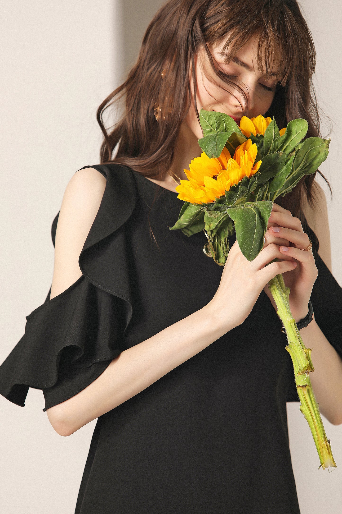 Fae ruffle cutout shoulder with cross back mini dress