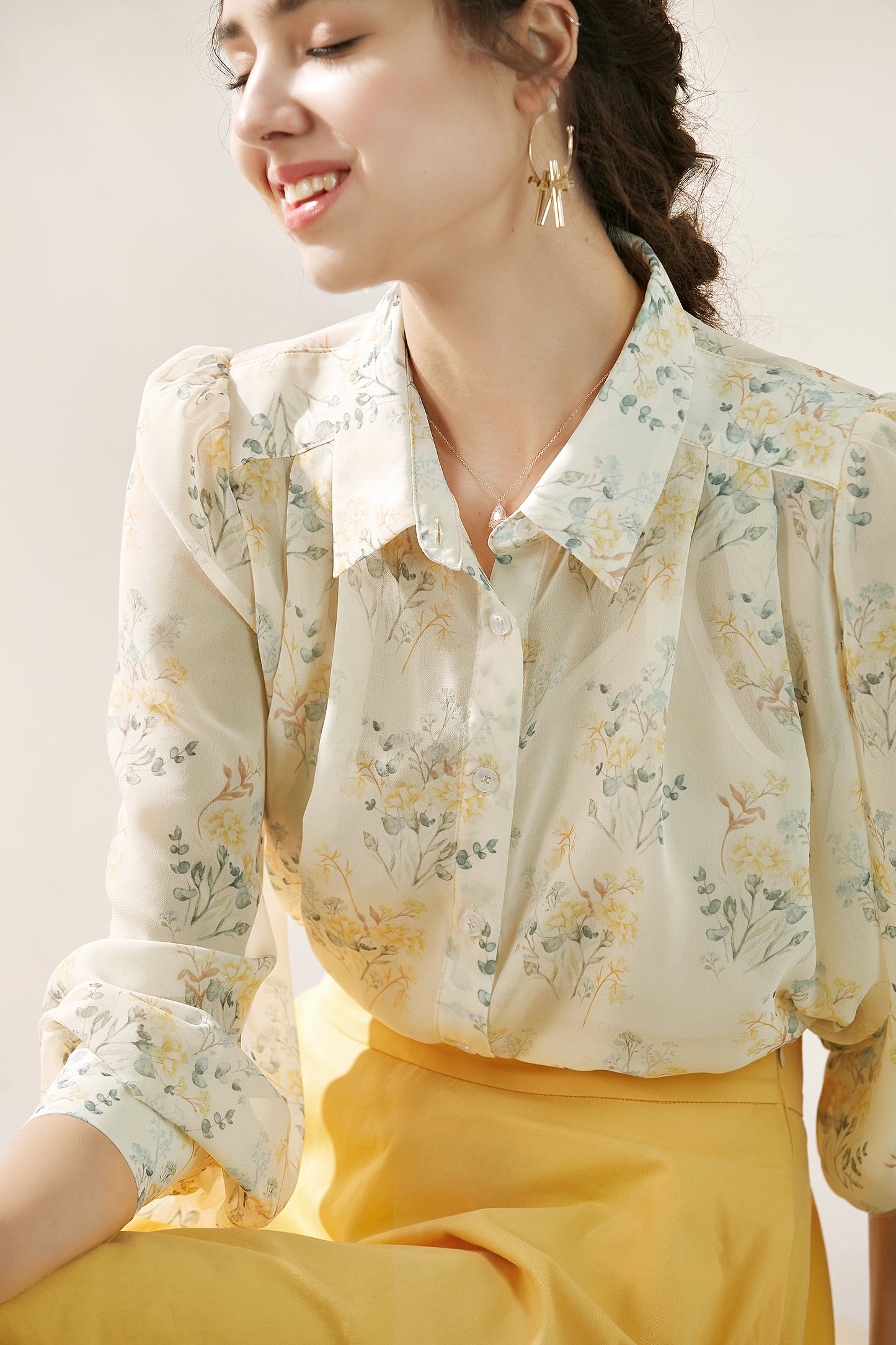 Chantel 3 piece set puff sleeve floral shirt with inner blouse and circular skirt