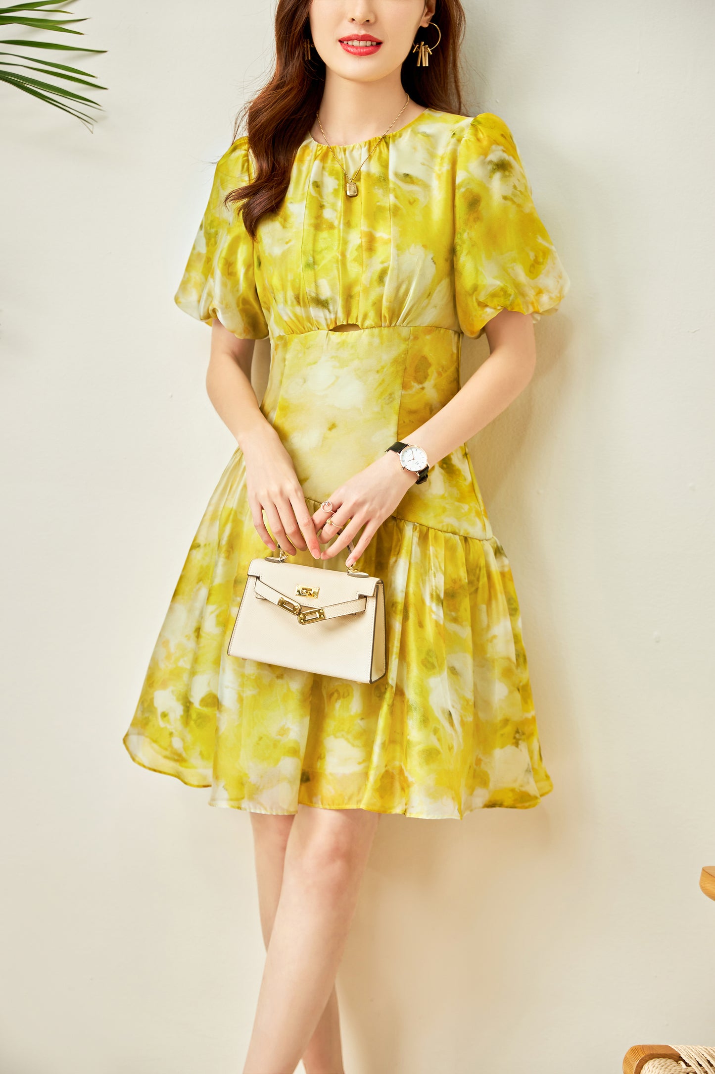 Fleur printed chiffon dress with elbow bishop sleeves