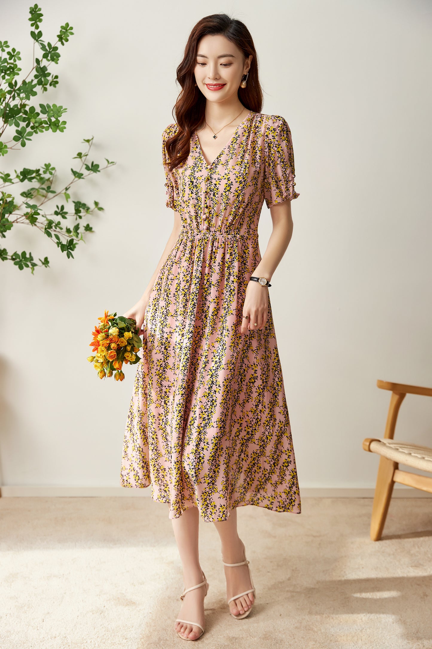 Collette pure silk printed floral dress with elastic waist