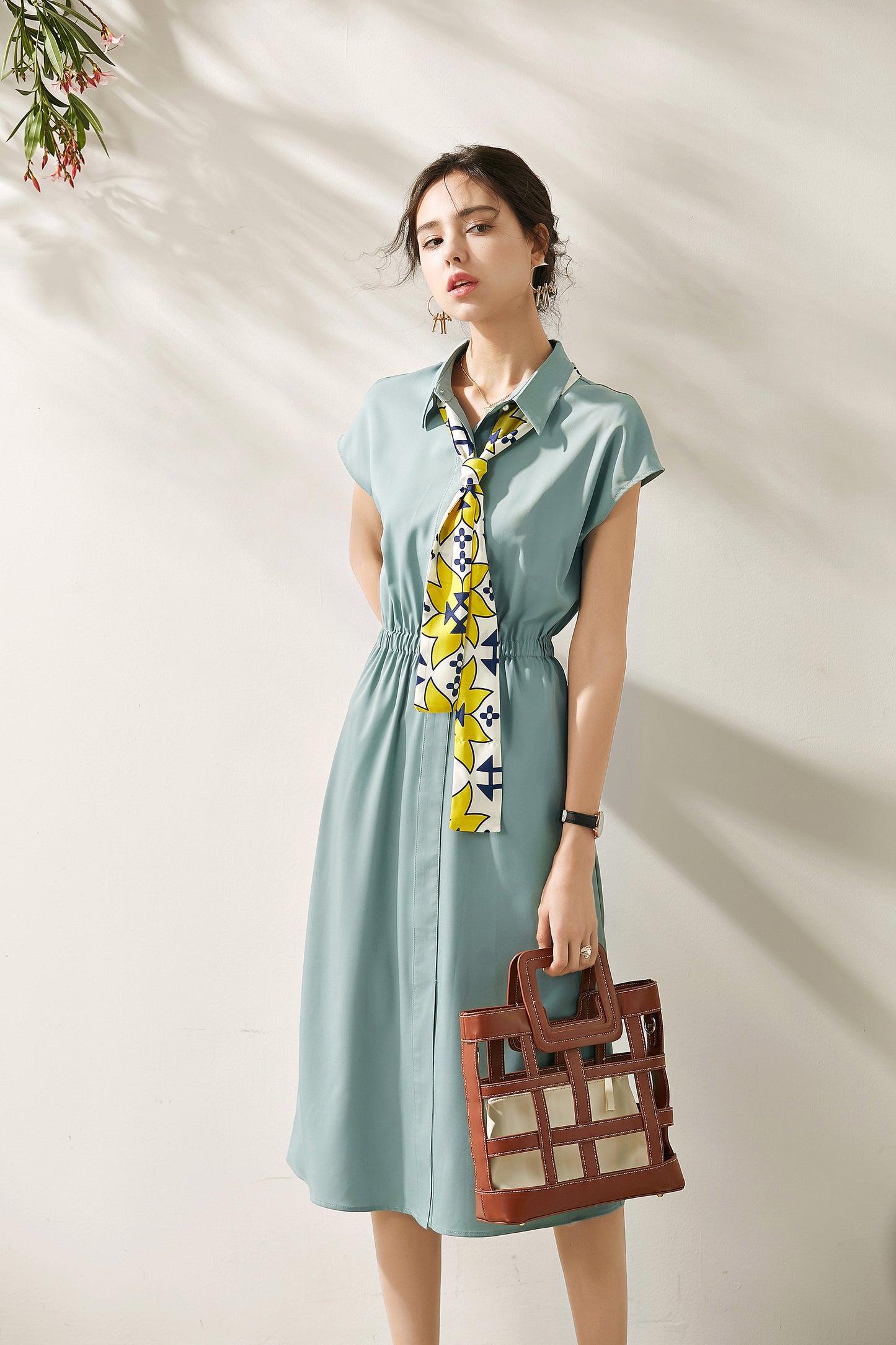 Galena collar midi dress with scarf tie and elastic waist