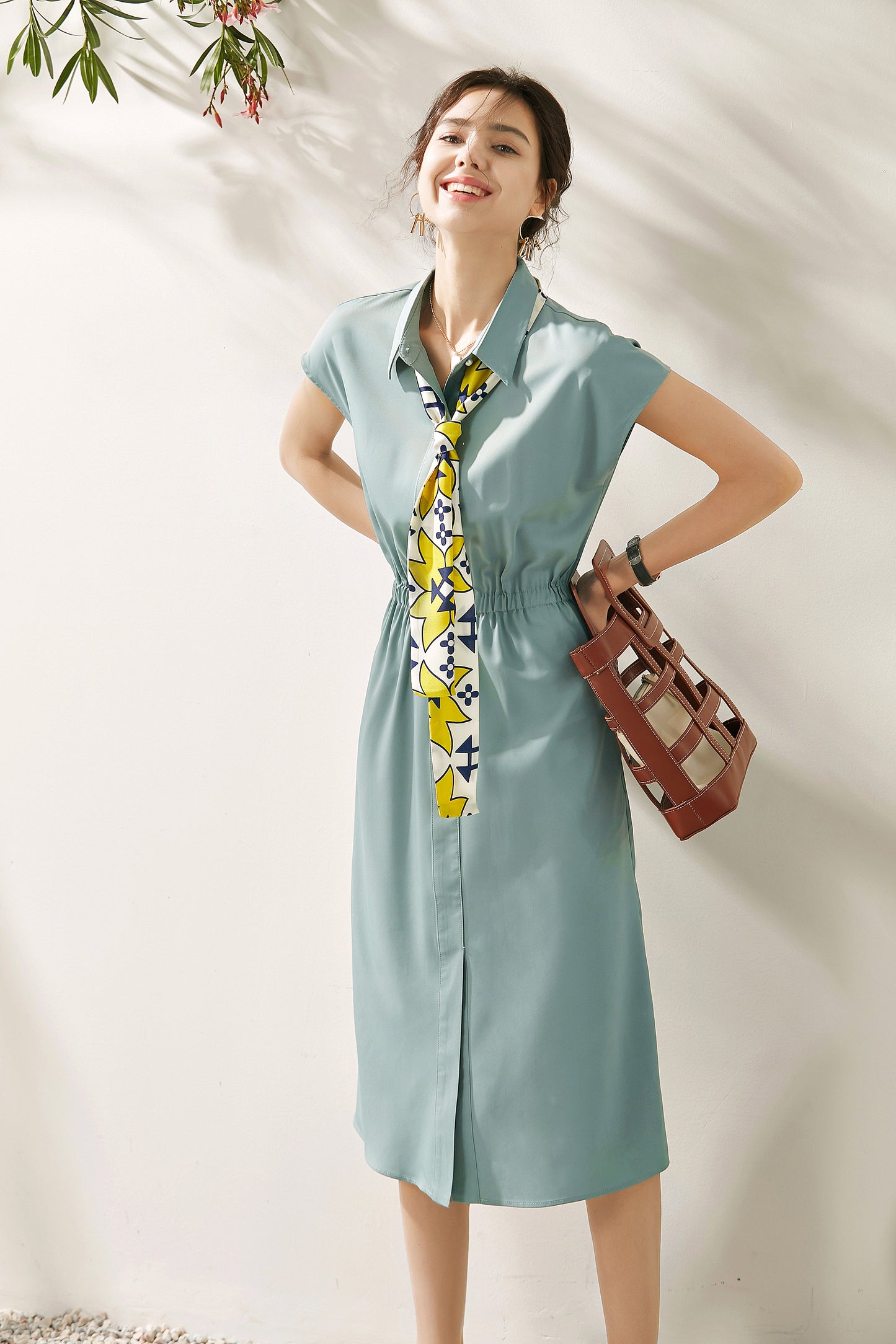 Galena collar midi dress with scarf tie and elastic waist