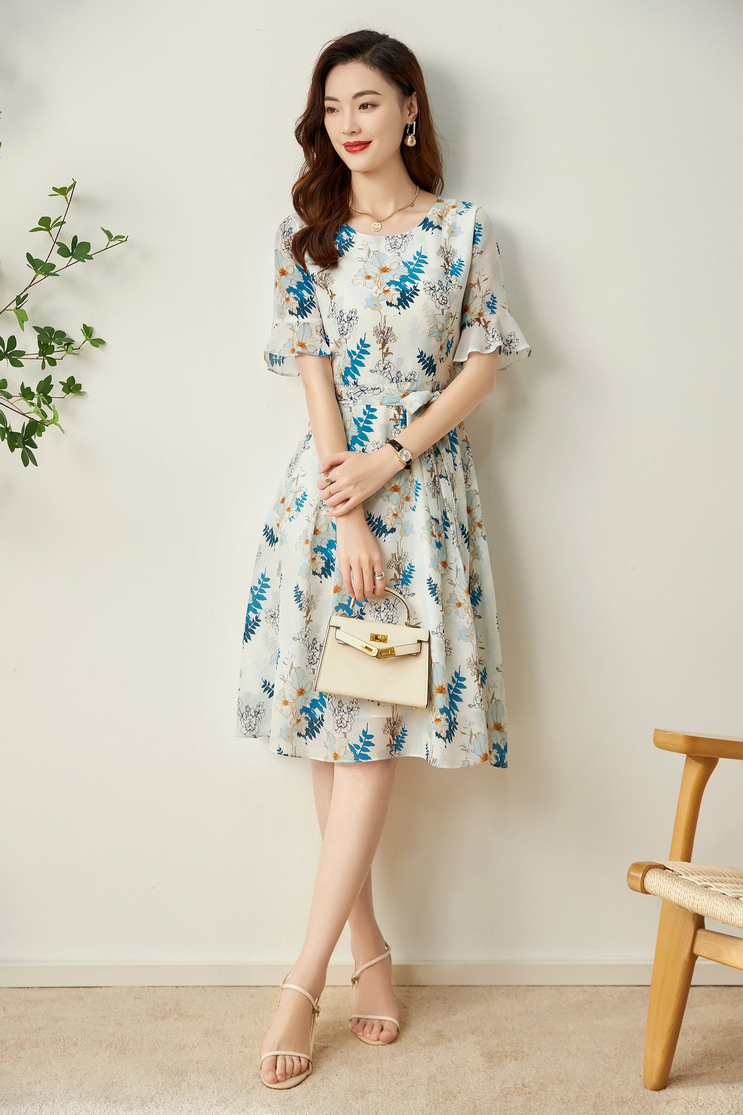 Torill pure silk floral dress with waist belt