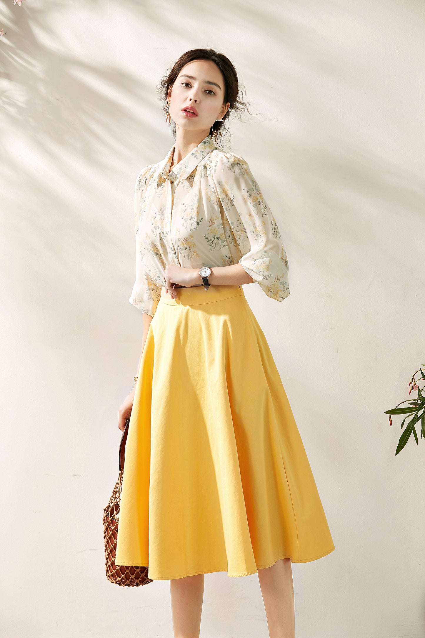 Chantel 3 piece set puff sleeve floral shirt with inner blouse and circular skirt