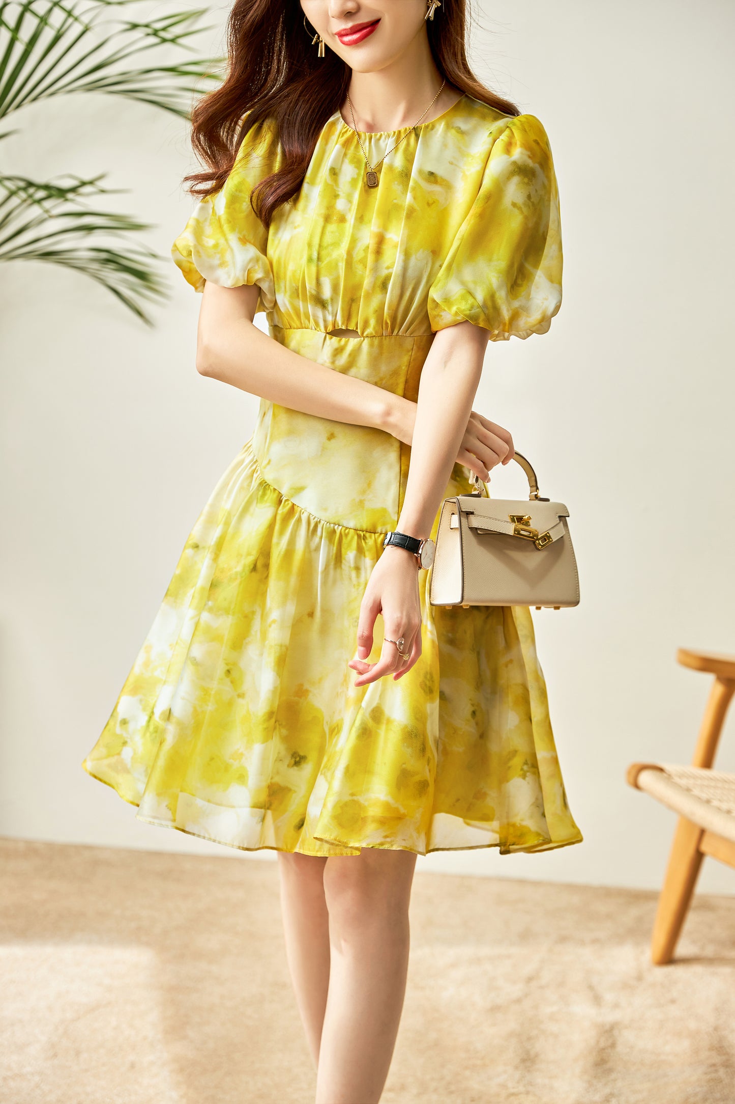 Fleur printed chiffon dress with elbow bishop sleeves