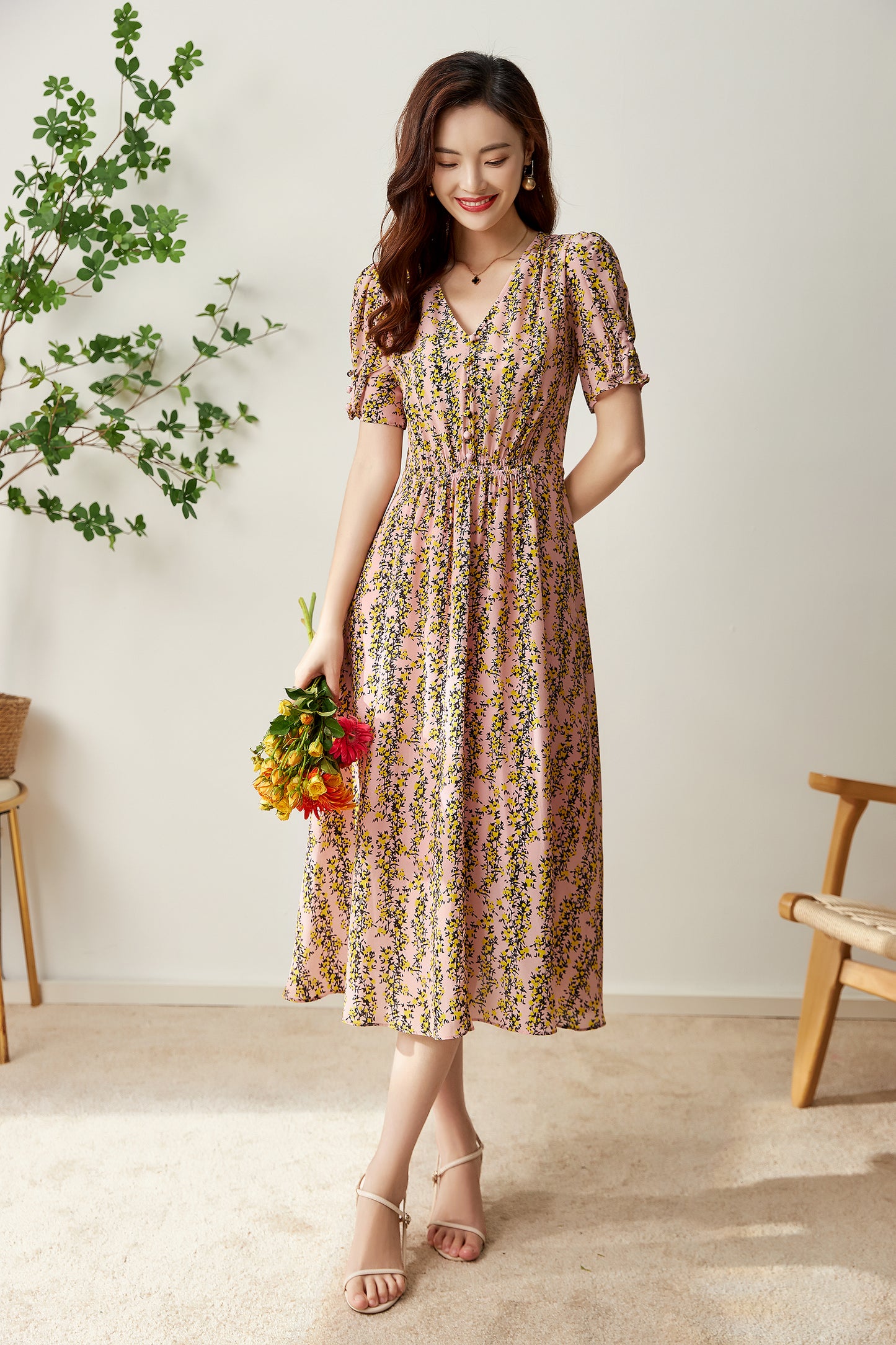Collette pure silk printed floral dress with elastic waist