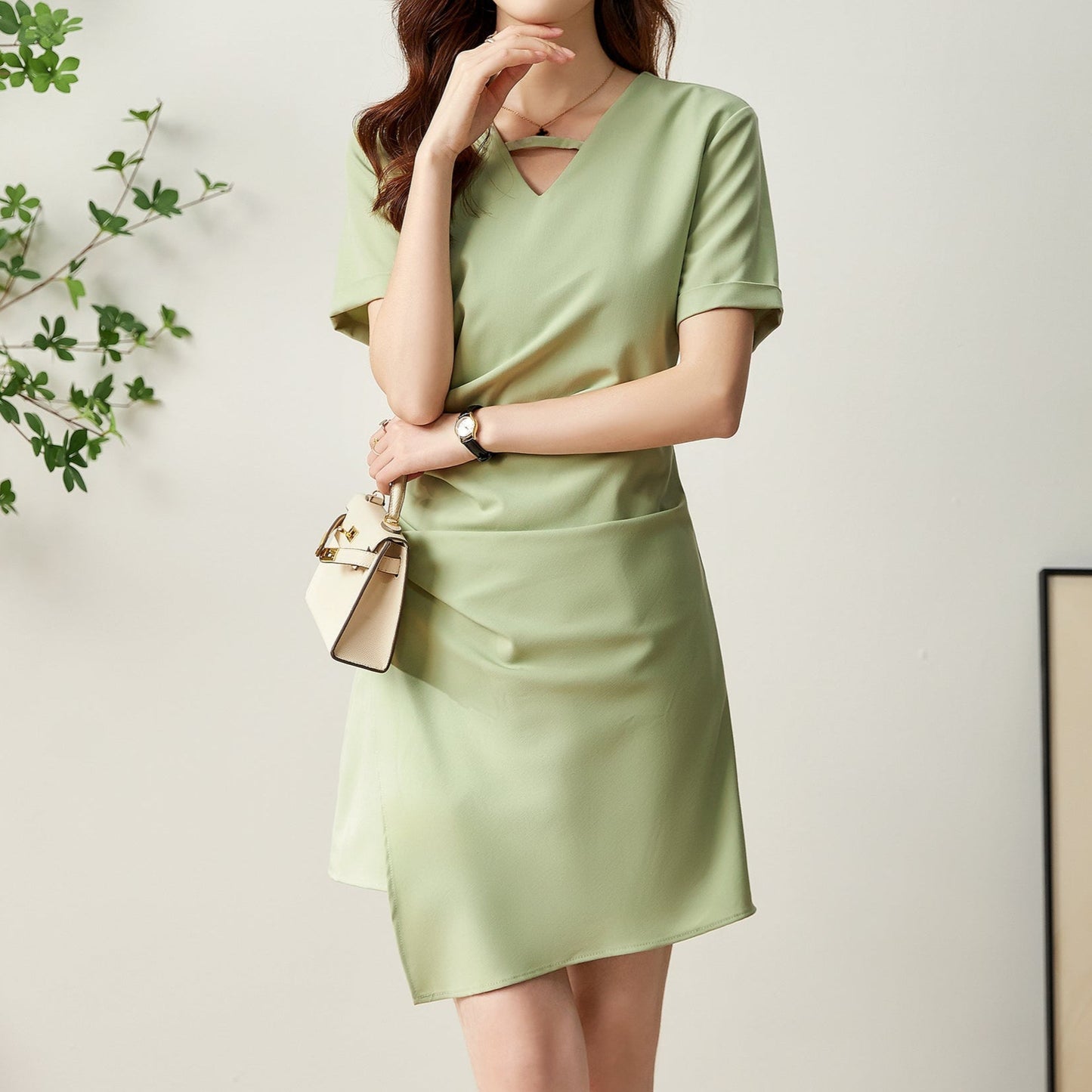 Eloise V neck fine twill asymmetrical dress